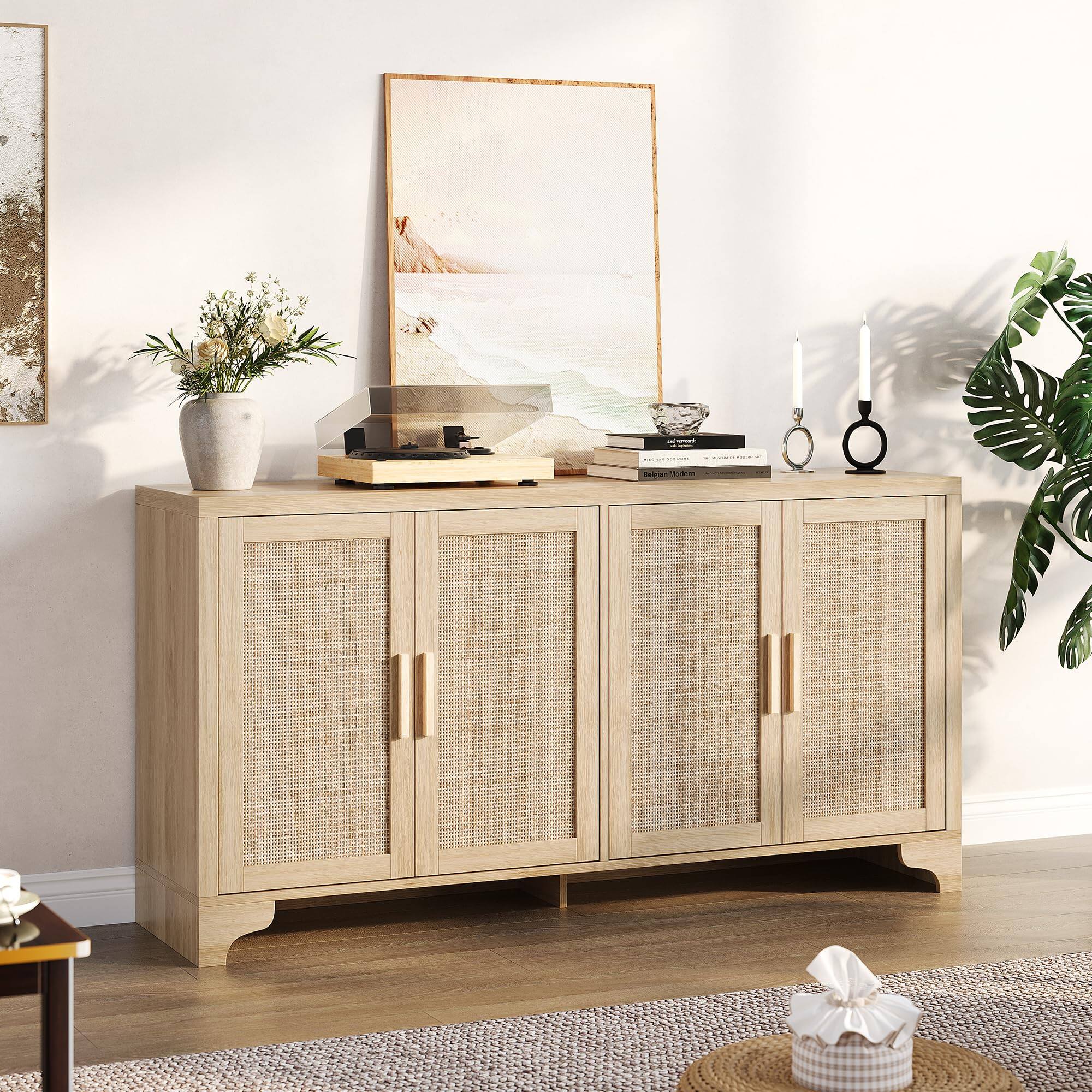 Front. Homhougo - 62 Inch Rattan Sideboard Buffet Cabinet, 4-Door Kitchen Storage Cabinet with Shelves - Oak.
