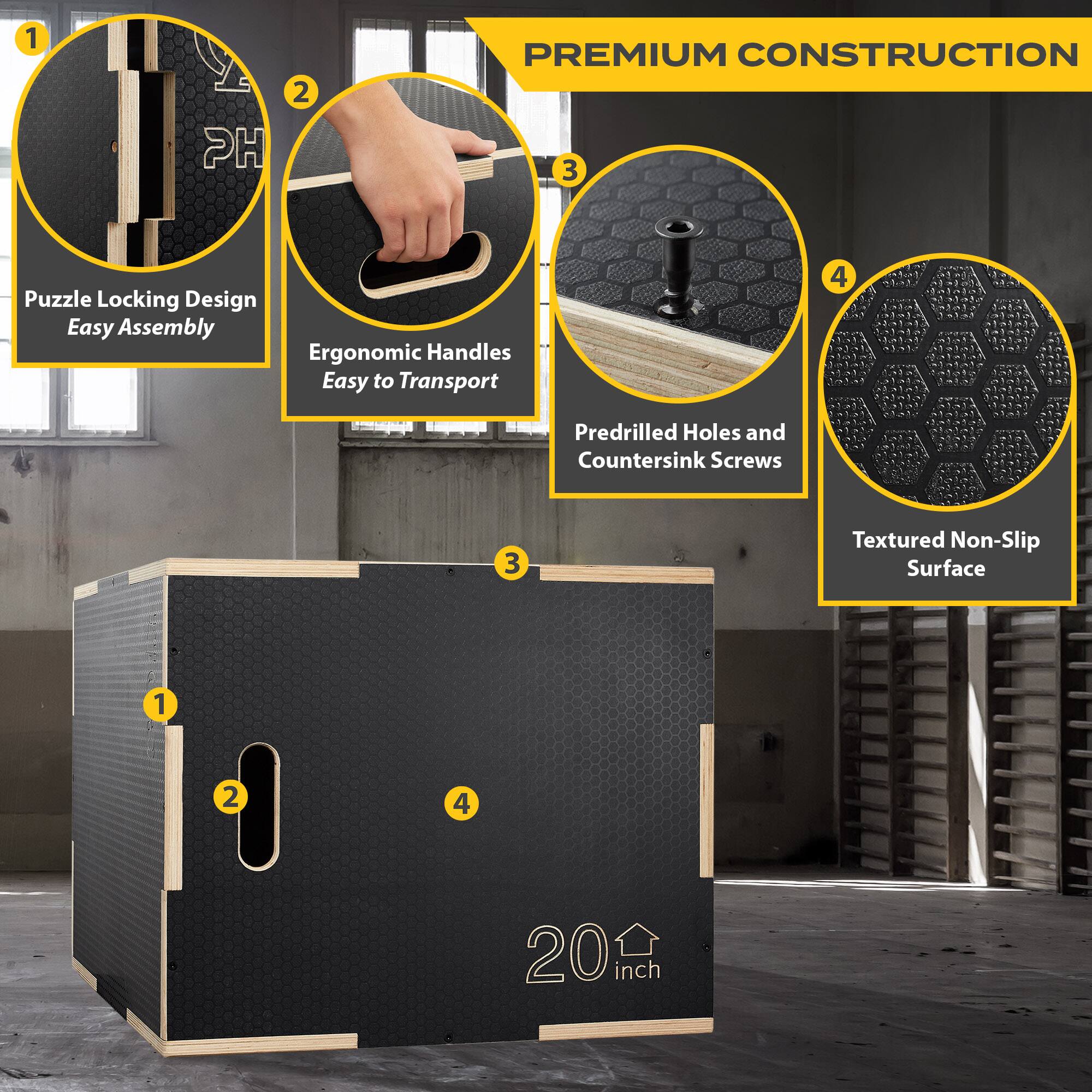 1. HS
2. PREMIUM CONSTRUCTION
3. Puzzle Locking Design
   - Easy Assembly
   - Ergonomic Handles
   - Easy to Transport
4. Predrilled Holes and Countersink Screws
5. Textured Non-Slip Surface
6. 20 inch