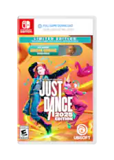 Limited Edition Nintendo Switch. Full Game Download Game Card Not Included. Includes Game and Digital Unicorn Pack. Exclusive Ariana Grande Song Pack. Everyone 10+. 1-10 ESRB. Ubisoft Original Just Dance Edition 2025. Ubisoft.