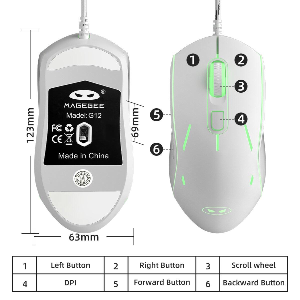 1 123mm  
MAGEGEE Model: G12 FC CE Made in China  
69mm  
5 6  
1  
2 3 4  
63mm  
1  
Left Button  
2  
Right Button  
3  
Scroll wheel  
4  
DPI  
5  
Forward Button  
6  
Backward Button
