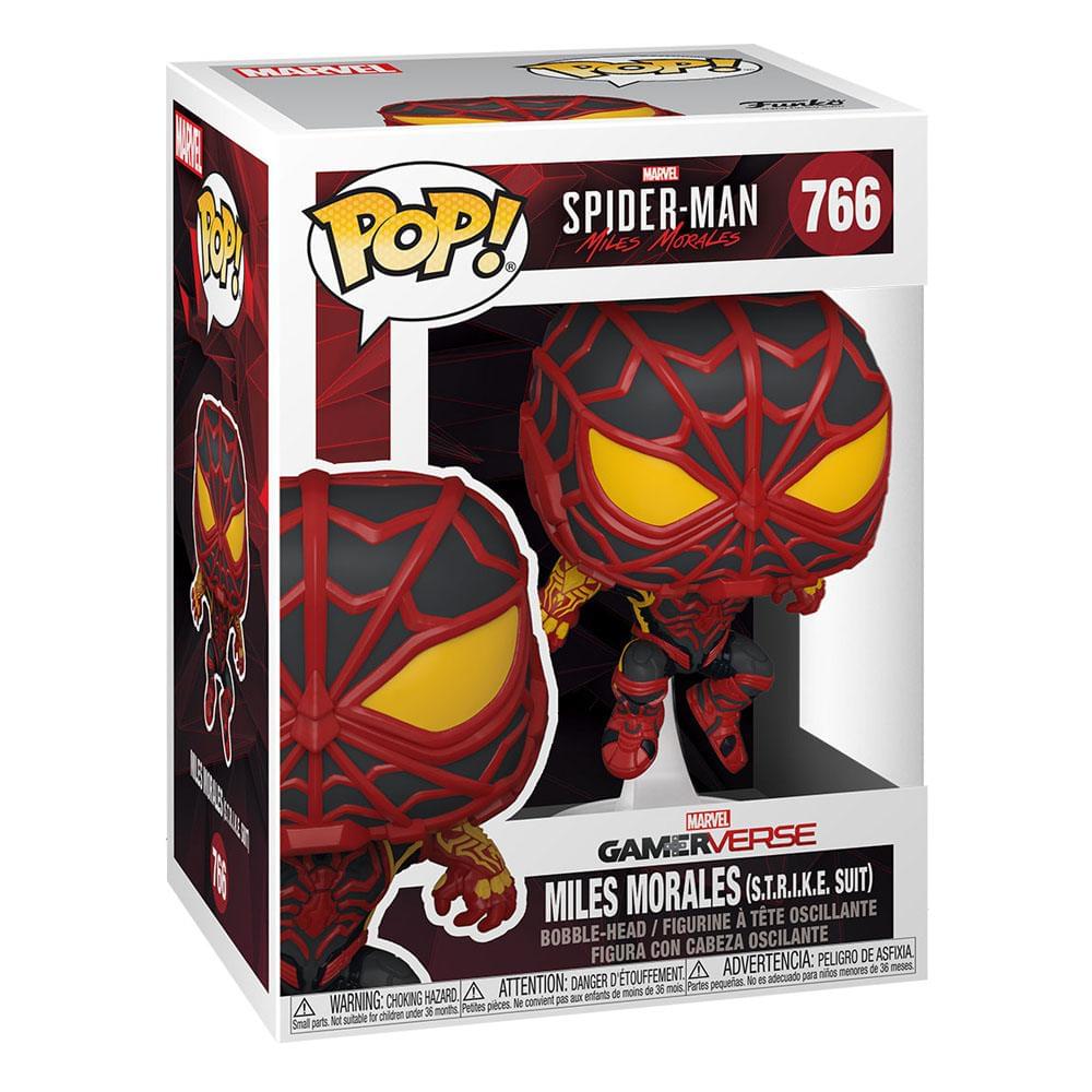 Sure, here is the corrected and grouped text from the image:

---

**Front:**
- MARVEL
- POP!
- SPIDER-MAN 766
- MILES MORALES
- GAMERVERSE
- MILES MORALES (S.T.R.I.K.E. SUIT)
- BOBBLE-HEAD / FIGURINE À TÊTE OSCILLANTE / FIGURA CON CABEZA OSCILANTE
- WARNING: CHOKING HAZARD - Small parts. Not for children under 3 years. / ATTENTION: PELIGRO DE ASFIXIA - Piezas pequeñas. No es adecuado para niños menores de 3 años. / ADVERTENCIA: DANGER - Petits objets. Ne convient pas aux enfants de moins de 3 ans.

**Side:**
- MARVEL
- POP!
- 766

**Bottom:**
- WARNING: CHOKING HAZARD - Small parts. Not for children under 3 years. / ATTENTION: PELIGRO DE ASFIXIA - Piezas pequeñas. No es adecuado para niños menores de 3 años. / ADVERTENCIA: DANGER - Pet