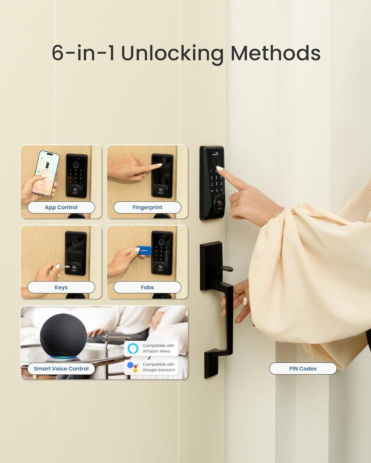 6-in-1 Unlocking Methods

- App Control
- Fingerprint
- Keys
- Fobs
- Compatible with Amazon Alexa
- Smart Voice Control
- Compatible with Google Assistant
- PIN Codes