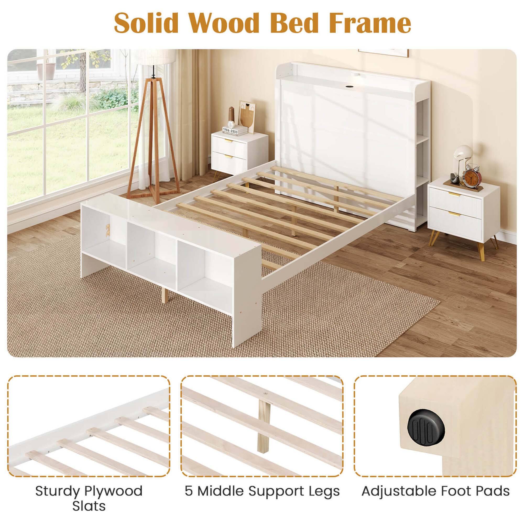 Solid Wood Bed Frame (HW) - Sturdy Plywood Slats - 5 Middle Support Legs - Adjustable Foot Pads