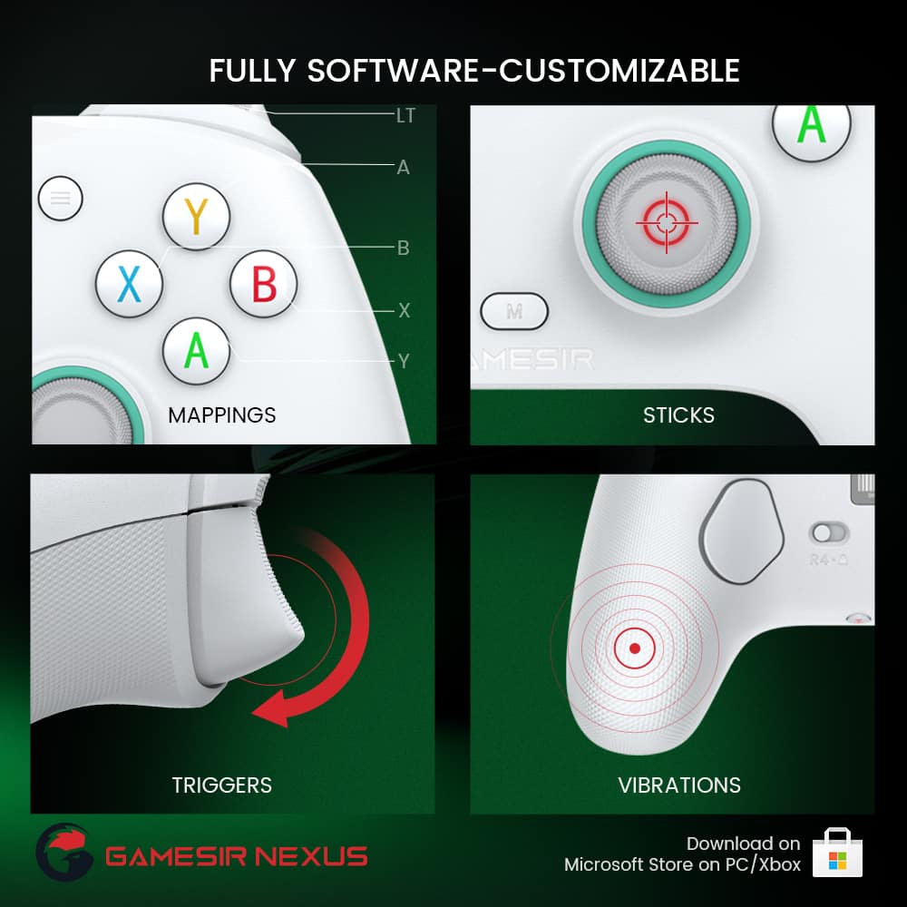 The text on the image is grouped and corrected as follows:
1. Xbox controller with fully software-customizable buttons:
A. Yellow button: Y
B. Blue button: B
2. Mapping settings:
A. Mapping buttons: M
3. Sticks:
A. R4-0: R4
4. Triggers:
A. Trigger buttons: T
5. Vibrations:
A. Vibration buttons: V
6. GameSir Nexus:
A. Download on Microsoft Store on PC/Xbox: Download on Microsoft Store on PC/Xbox