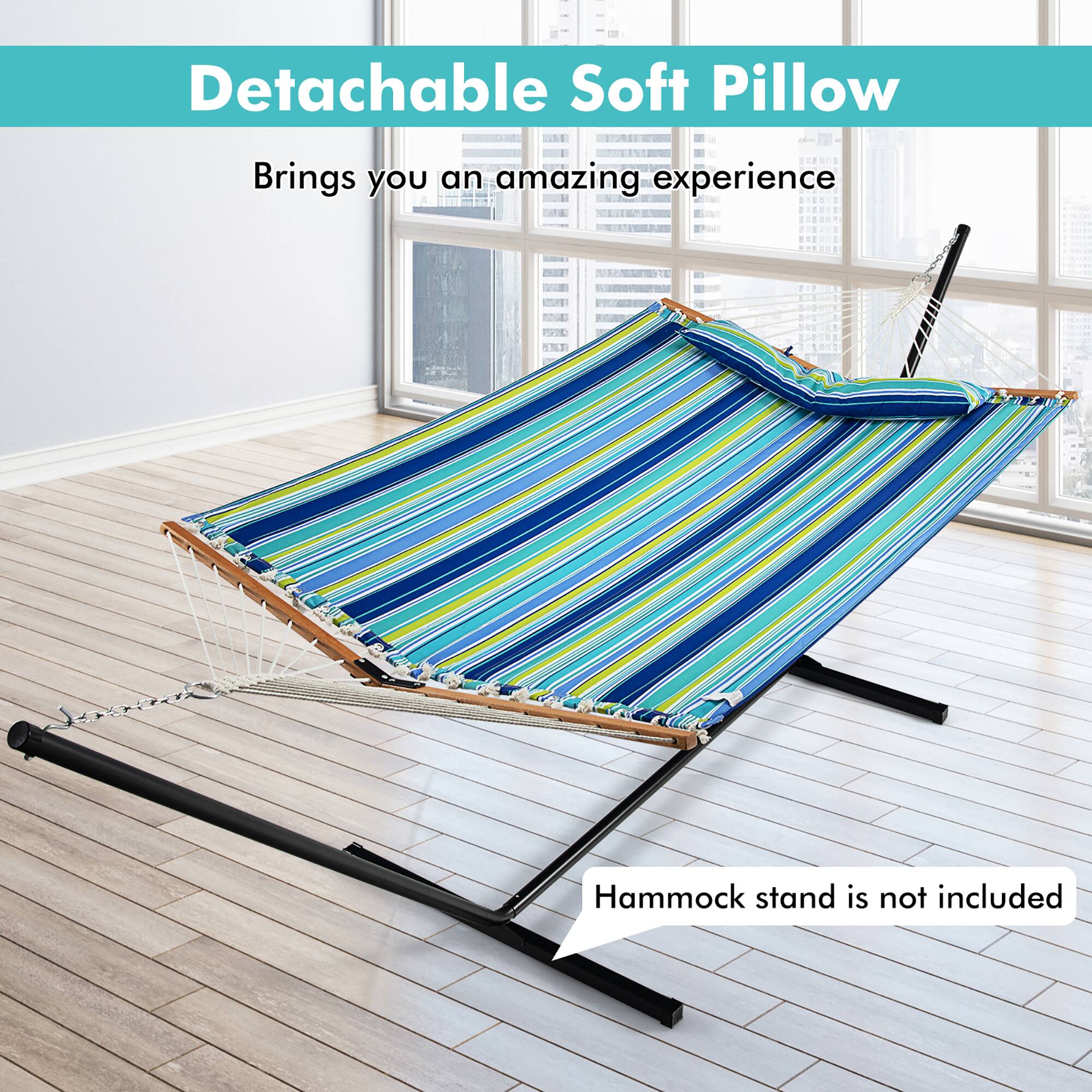 Detachable Soft Pillow  
Brings you an amazing experience  

Hammock stand is not included