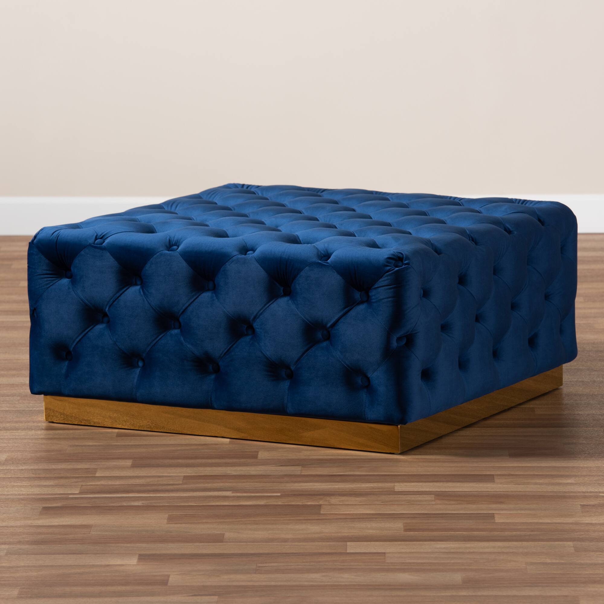 Alt View 2. Baxton Studio - Verene Glam and Luxe Velvet Fabric Upholstered Gold Finished Square Cocktail Ottoman - Royal Blue/Gold.