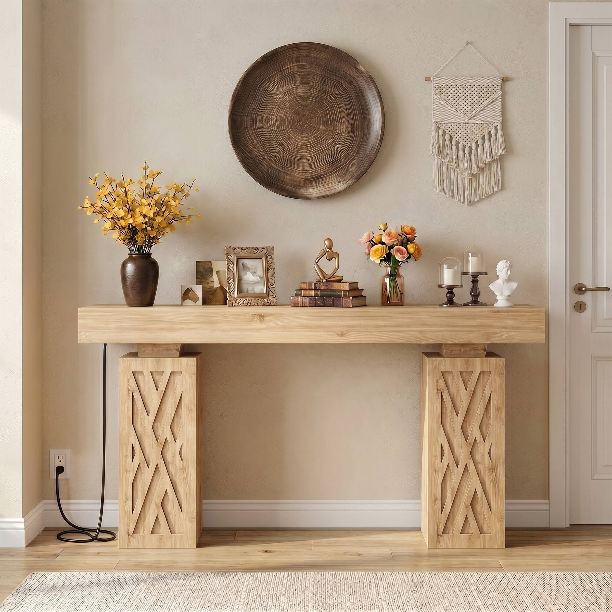 Left. Aheaplus - 63'' Farmhouse Console Table with Charging Station and LED Lights - Nature Oak.