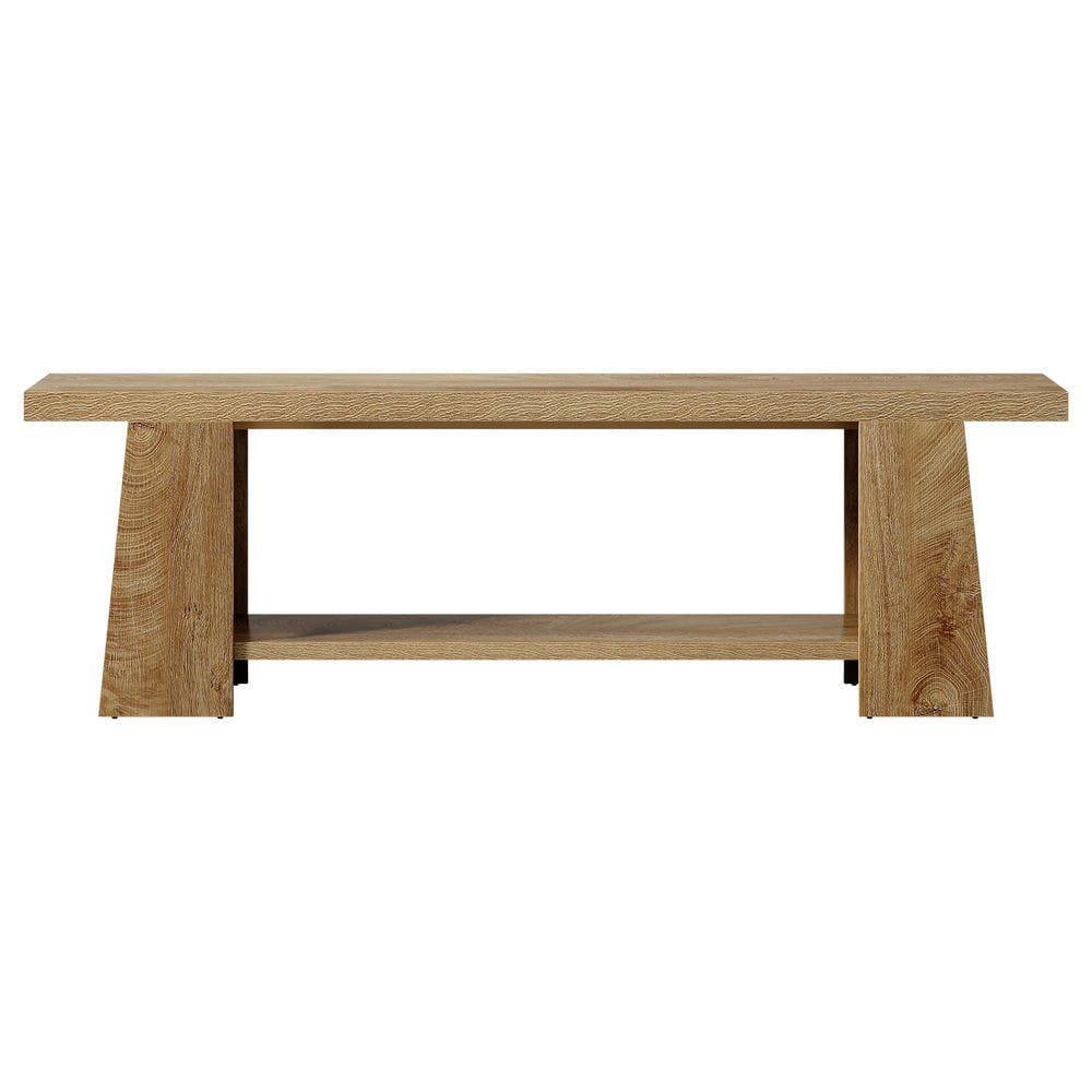 Back. Kadyn - 59-Inch 2-Tier Entryway Bench with Storage Shelves, Extra Long Shoe Bench, Natural Wood - Brown.