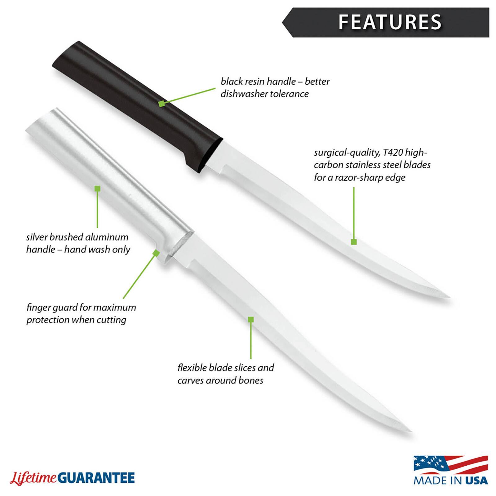 FEATURES
- black resin handle - better dishwasher tolerance
- surgical-quality, T420 high-carbon stainless steel blades for a razor-sharp edge
- silver brushed aluminum handle - hand wash only
- finger guard for maximum protection when cutting
- flexible blade slices and carves around bones

Lifetime GUARANTEE
MADE IN USA