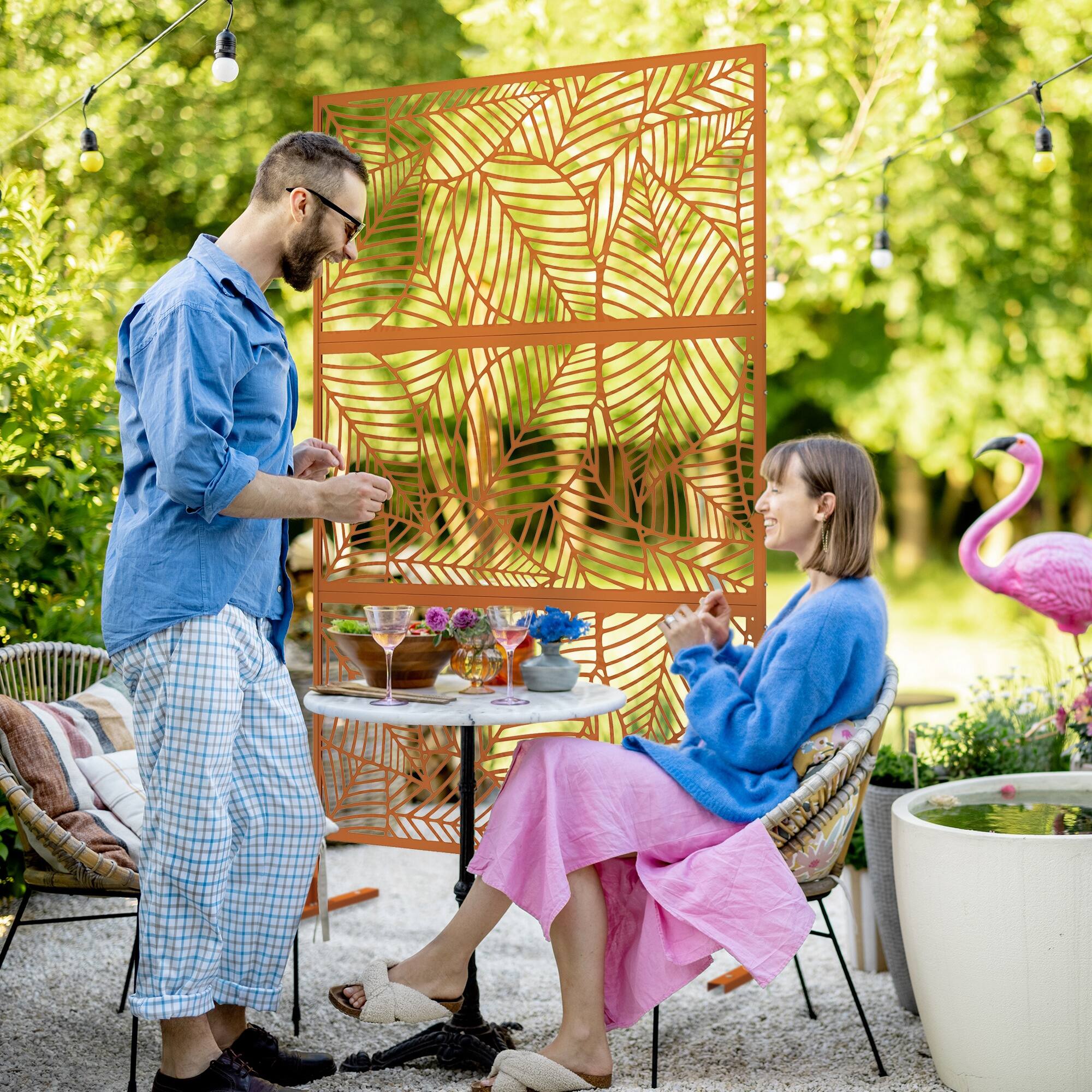Alt View 1. Outsunny - Metal Outdoor Privacy Screen, Decorative Privacy Fence Screen, Outdoor Divider with Leaf Motif - Brown.
