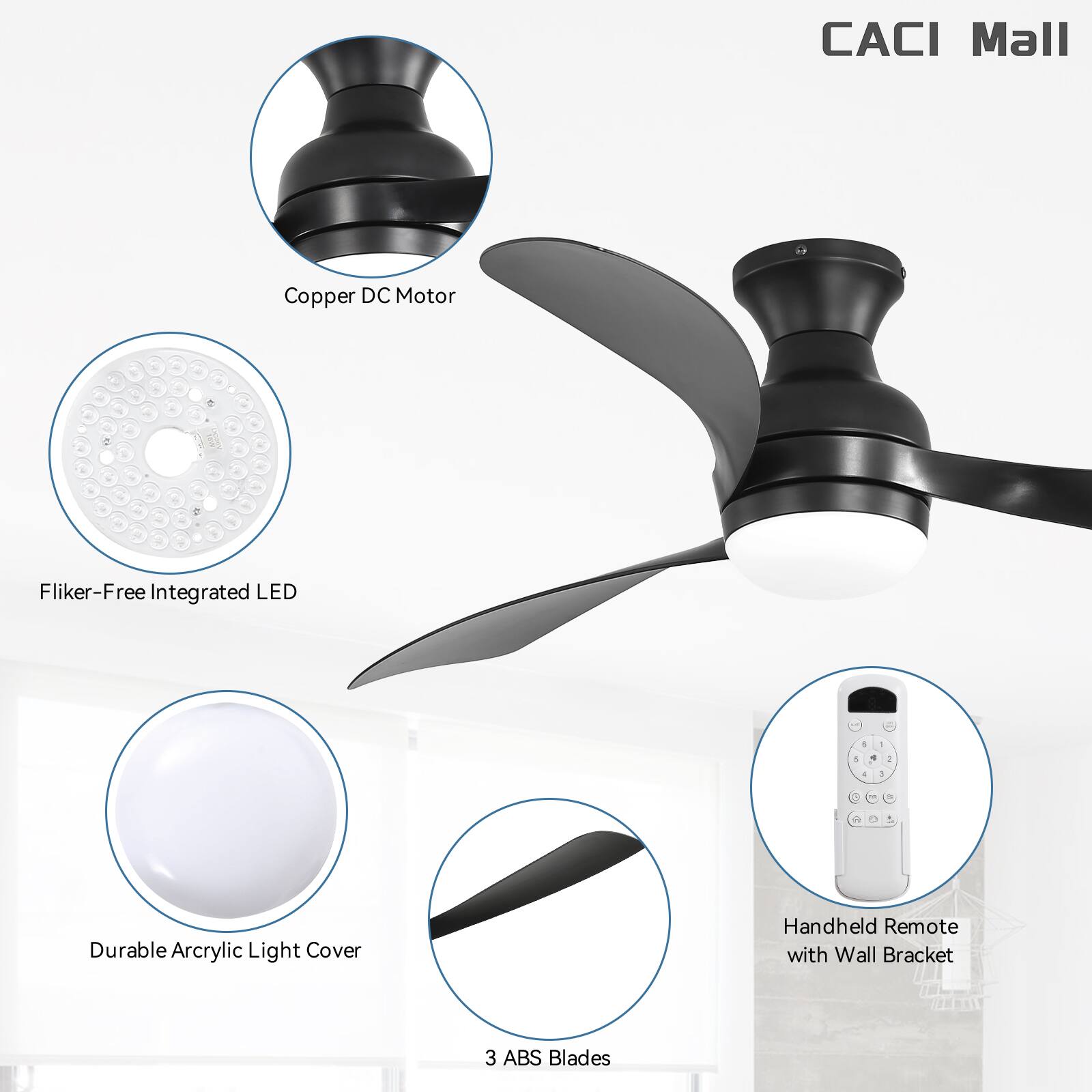 CACI Mall Copper DC Motor Flicker-Free Integrated LED - Durable Acrylic Light Cover Handheld Remote with Wall Bracket 3 ABS Blades