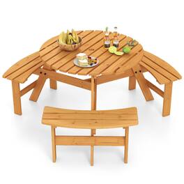 Gymax - 6-Person Round Picnic Table Set w/ 3 Built-in Benches 2'' Umbrella Hole Yellow - Natural, Black