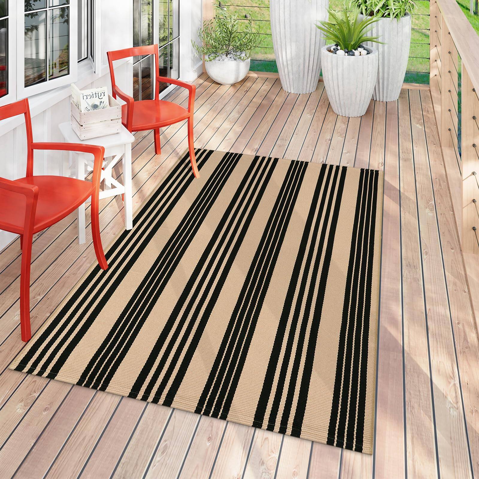 Alt View 4. Reds Spade - And Khaki Striped Fall Outdoor Rug Ft Washable Cotton Woven Patio Reversible Foldable Front Porch Decor Ind... - Black White Striped-2'4" x 3'7" (Rectangular).