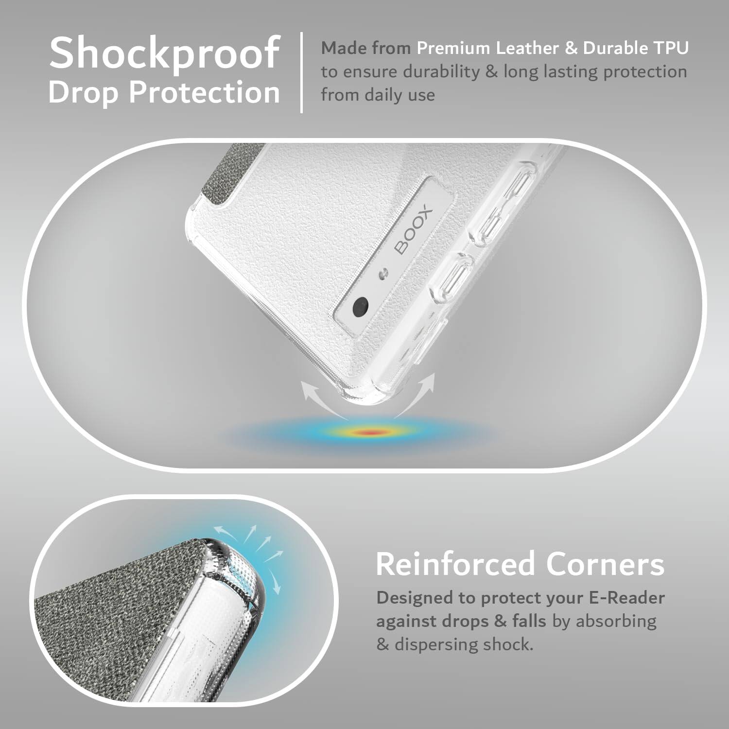 Made from Premium Leather & Durable TPU to ensure durability & long lasting protection from daily use

Shockproof Drop Protection

Reinforced Corners
Designed to protect your E-Reader against drops & falls by absorbing & dispersing shock.