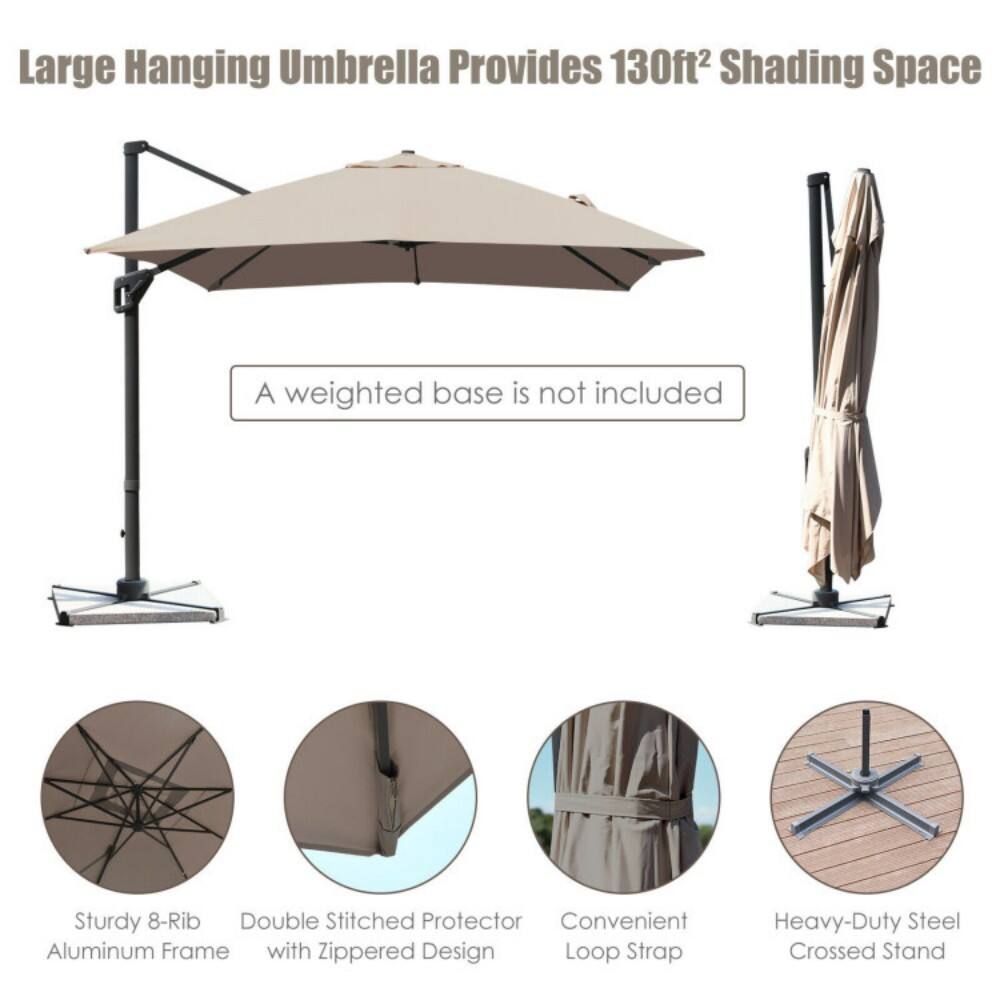 Large Hanging Umbrella Provides 130ft² Shading Space  
A weighted base is not included  
Sturdy 8-Rib Aluminum Frame  
Double Stitched Protector with Zippered Design  
Convenient Loop Strap  
Heavy-Duty Steel Crossed Stand