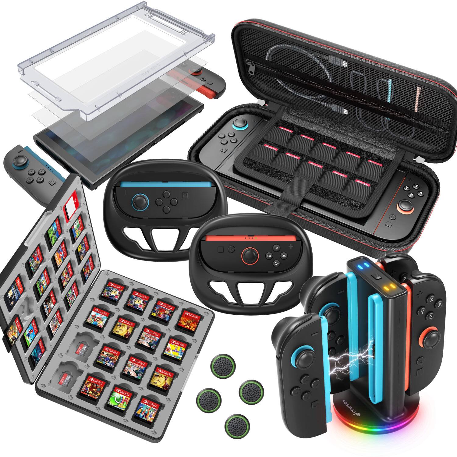Fosmon - For Nintendo Switch 2 Starter Kit Carrying Case Screen Protector Game Card Case Charging Dock Racing Wheel & Accessories - Black price history on PriceWatchPro