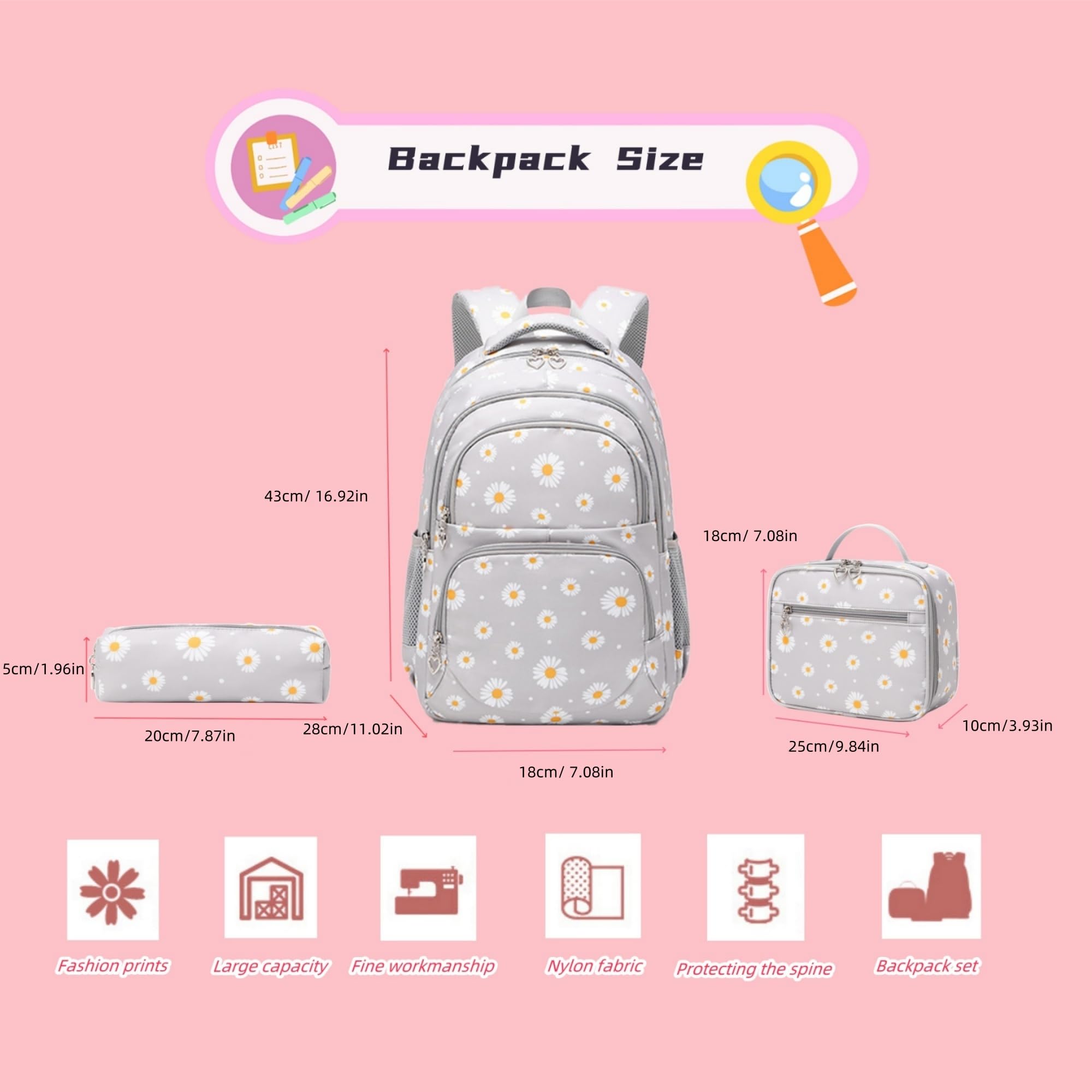 Backpack Size

43cm/16.92in  
18cm/7.08in  
5cm/1.96in  
20cm/7.87in  
28cm/11.02in  
18cm/7.08in  
25cm/9.84in  
10cm/3.93in

Fashion prints  
Large capacity  
Fine workmanship  
Nylon fabric  
Protecting the spine  
Backpack set