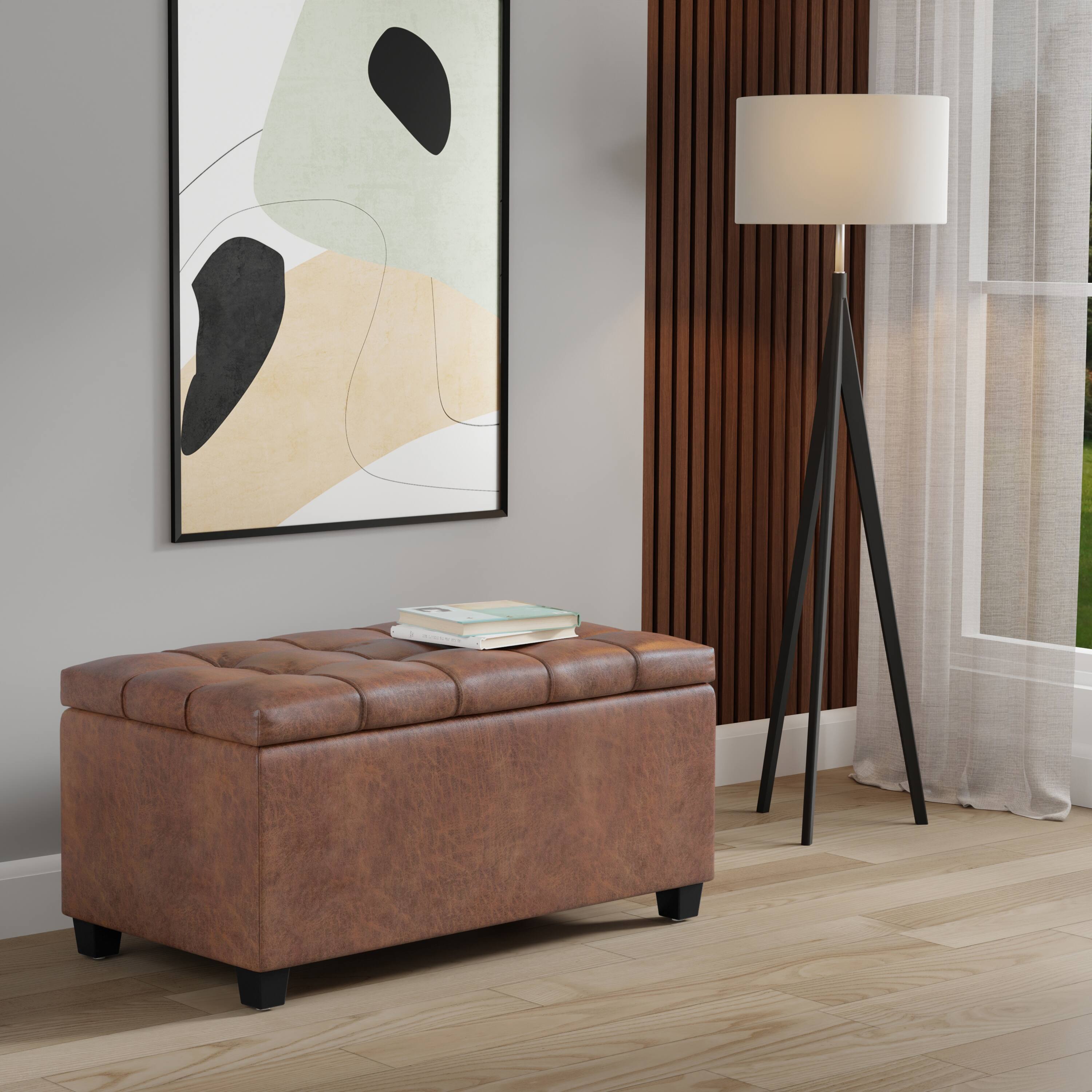 Left. Simpli Home - Sienna 33 inch Wide Storage Ottoman Bench in Distressed Saddle Brown Vegan Leather - Distressed Saddle Brown.