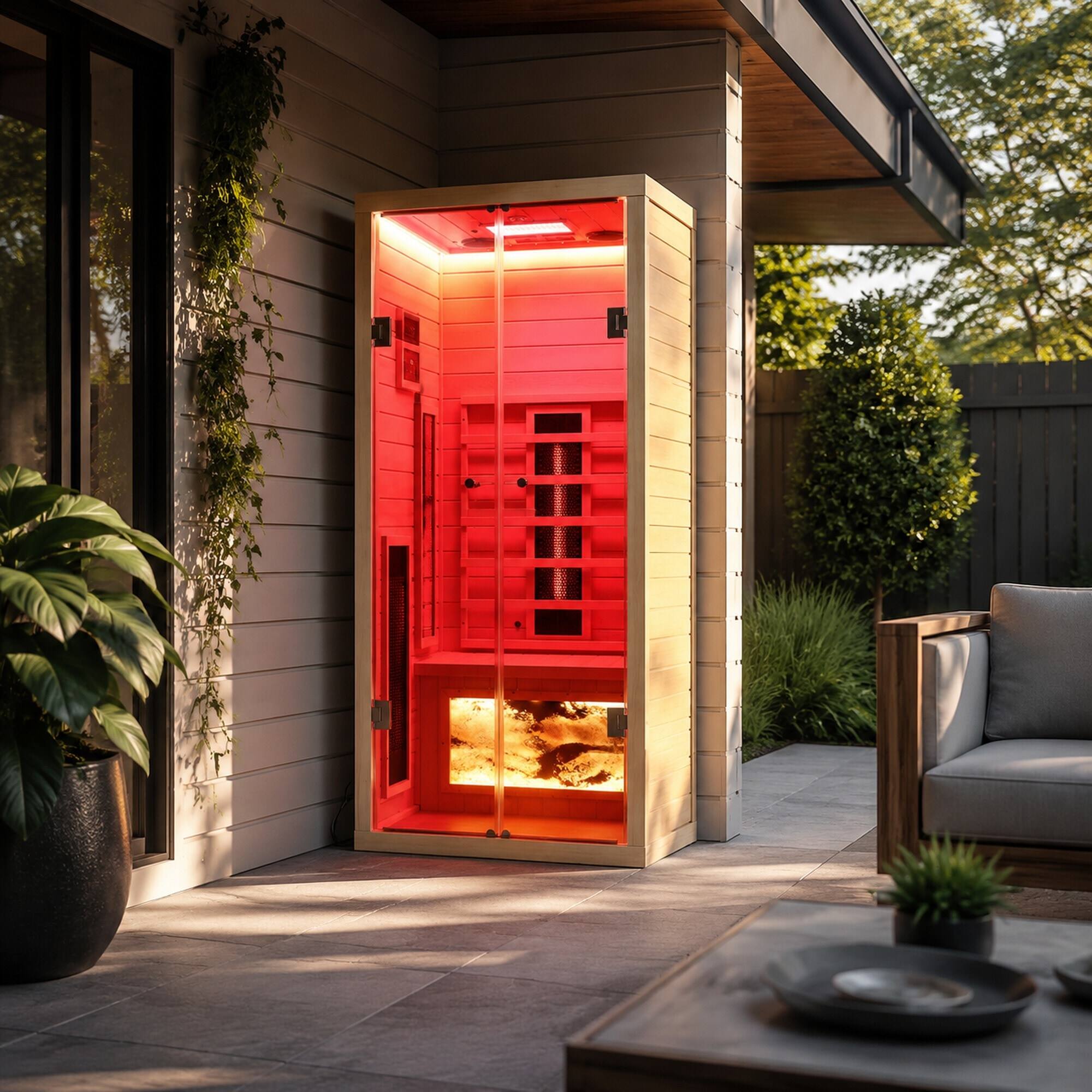 Left. RYHNUYNE - One Person Hemlock Sauna, Eastern Canadian Hemlock Wood, 1760 W Far Infrared Heating, Low EMF, Bluetooth Speakers - Natural.