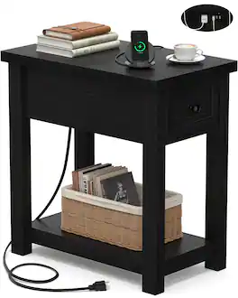 Aheaplus - Farmhouse Charging End Table: Narrow Design With Drawer, USB and Outlets for Bedroom/Living Room - Black