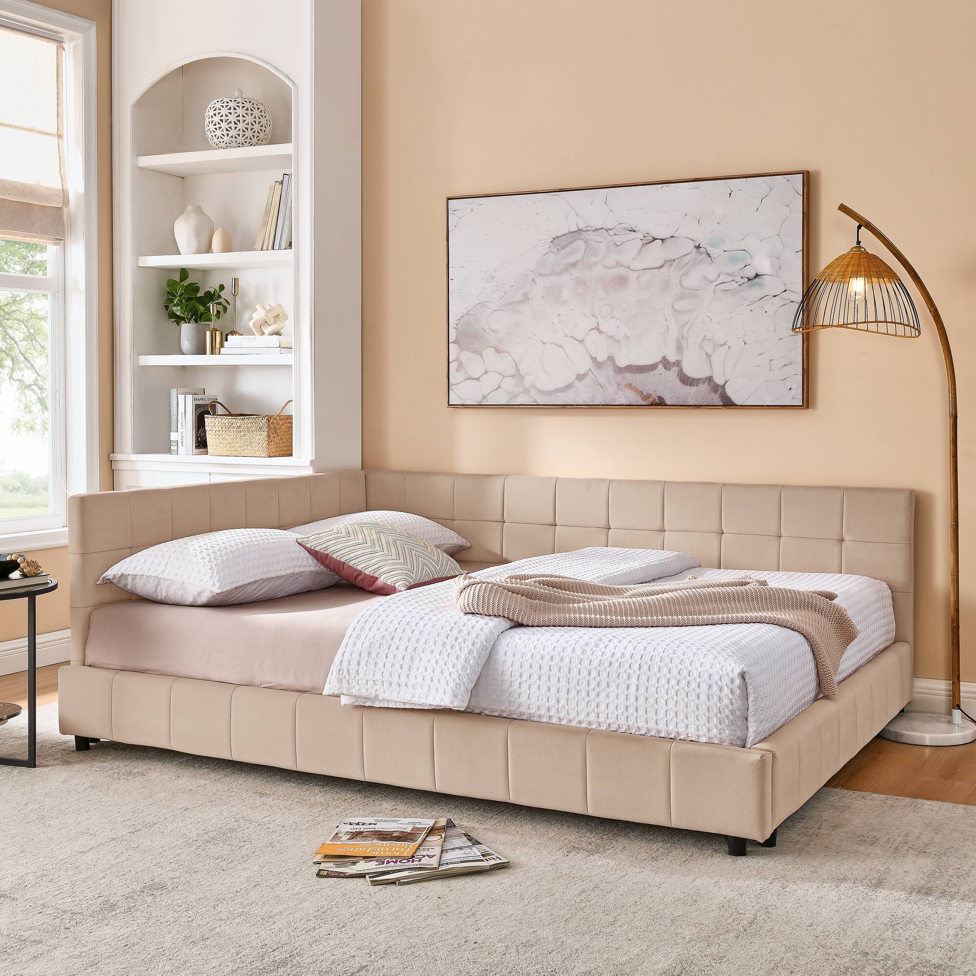 Angle. Anysun - Queen Velvet Tufted Sofa Bed Frame - with Comfortable Backrest & Armrests for Bedroom or Living Room - Pink.