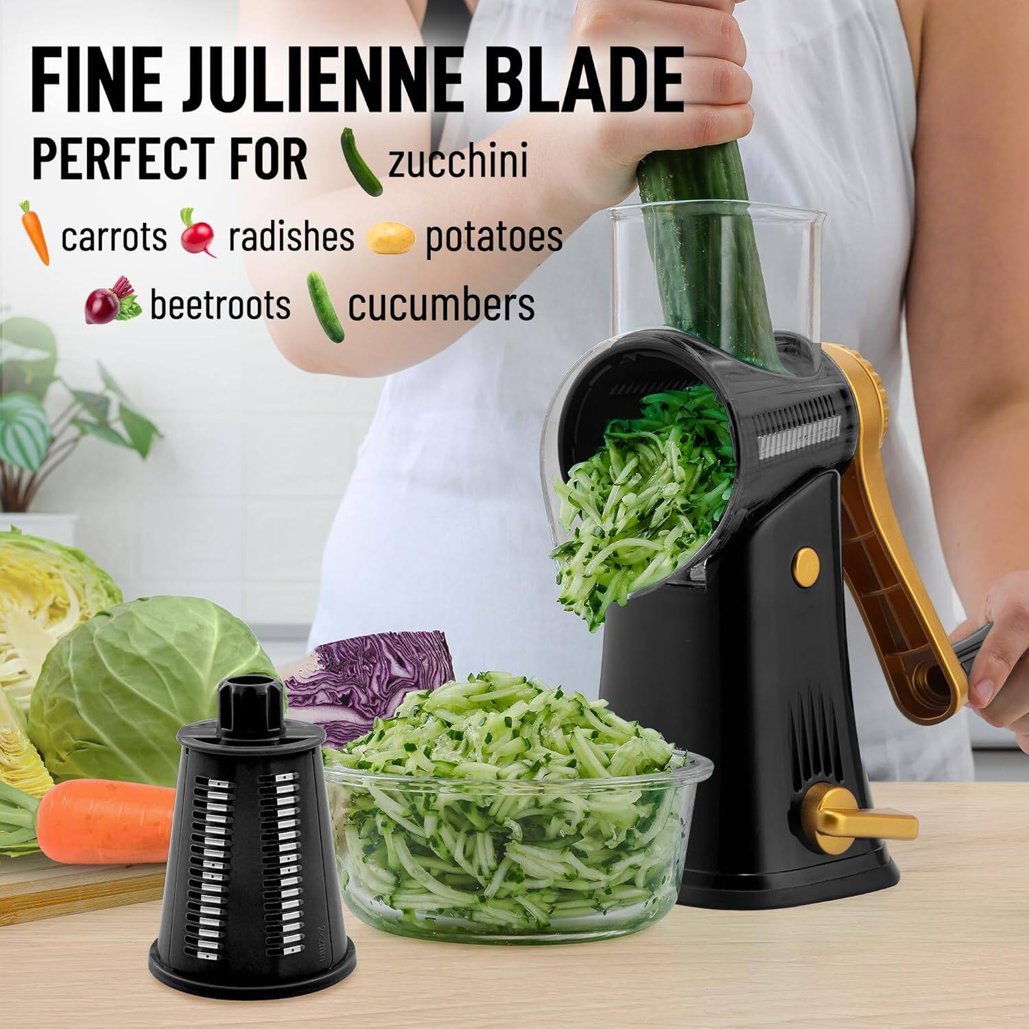 FINE JULIENNE BLADE  
PERFECT FOR  
- zucchini  
- carrots  
- radishes  
- potatoes  
- beetroots  
- cucumbers