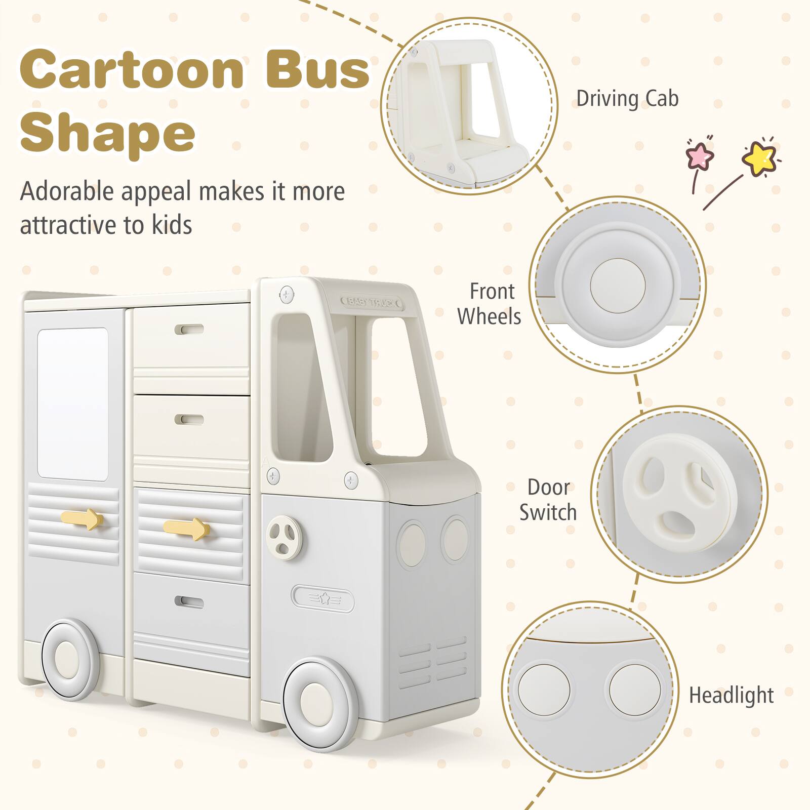 Cartoon Bus Shape  
Adorable appeal makes it more attractive to kids  

- Driving Cab  
- Front Wheels  
- Door Switch  
- Headlight