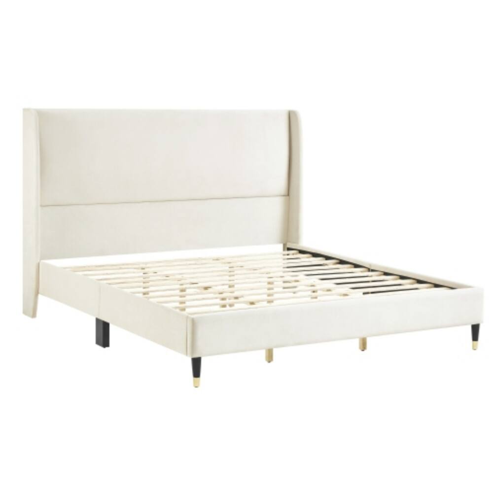 Alt View 2. LUCKY ONE - King Size Velvet Wingback Platform Bed with Padded Headboard and Side Panels, Plywood Frame, No Box Spring Needed - Beige.