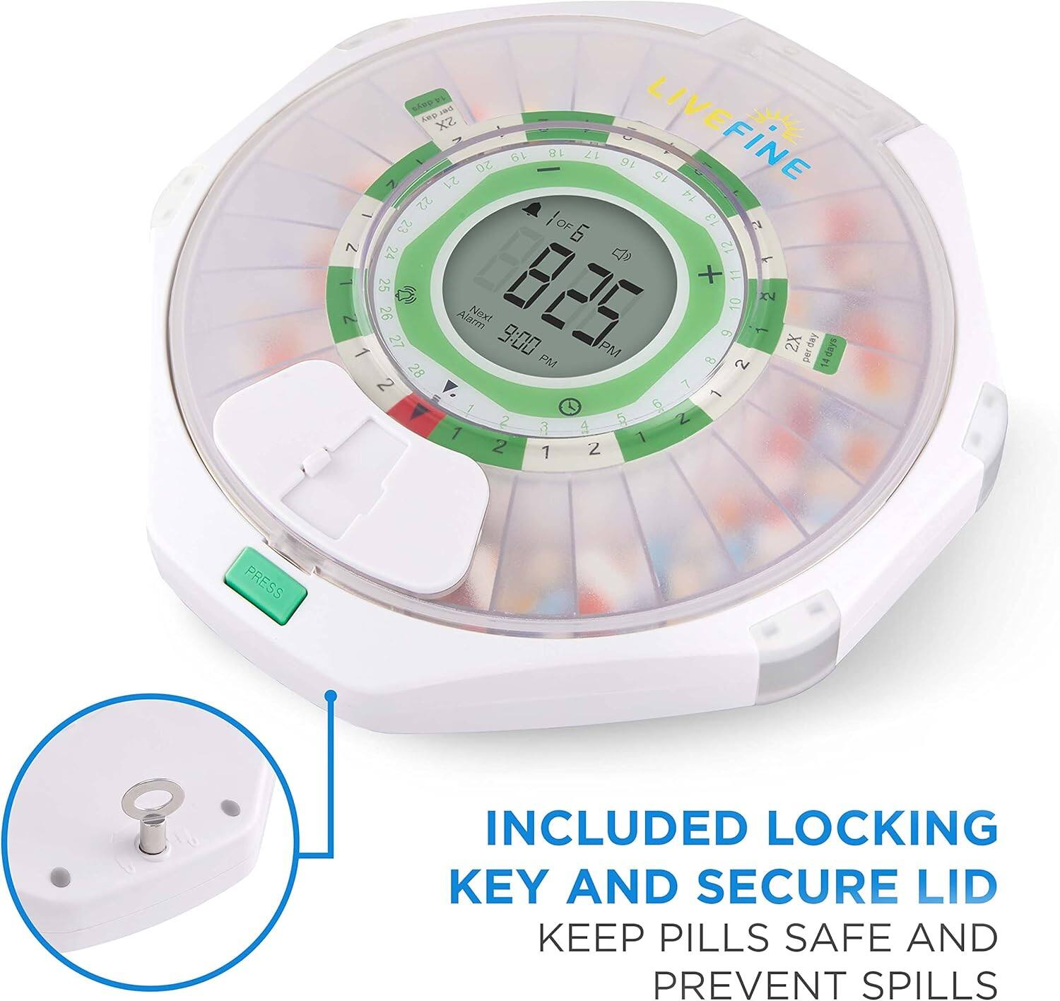 8 RV 2X LIVEFINE 61  17 20 16 21 15 22 PI   13 23 15 OF  7 24  12 1 - + 11 25 B825  10 XV  26 Alarm Noxt 9 1 1 27 9:00 PM 2X perday per 14days PM CD 2 28 2 V. 7 1 1 3 9 V 2 3 5 2 1 4 1 2 1 7 PRESS INCLUDED LOCKING KEY AND SECURE LID KEEP PILLS SAFE AND PREVENT SPILLS