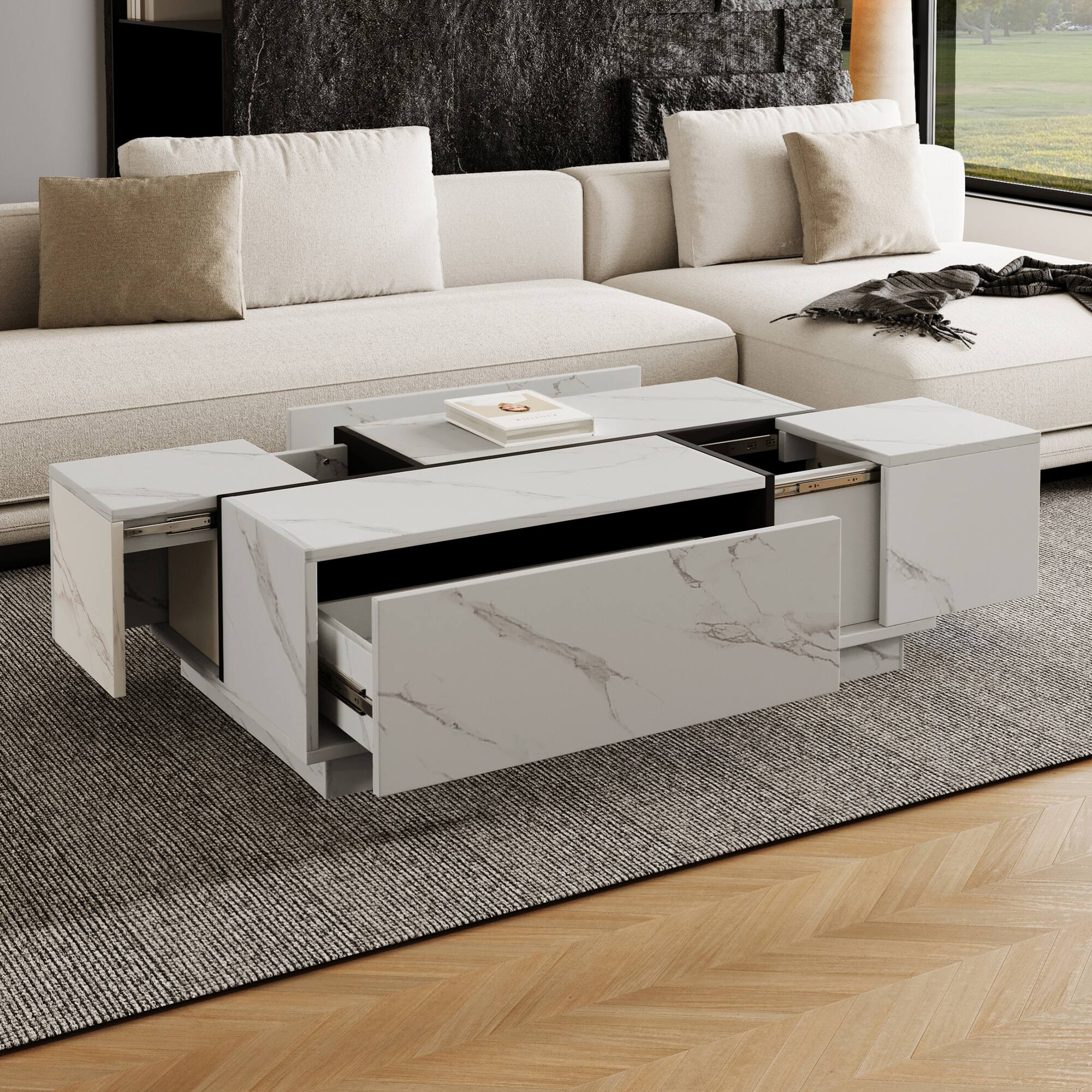 Alt View 5. GOODSILO - Modern Rectangular Sliding Top Coffee Table with Hidden Storage and Drawers for Living Room - White.