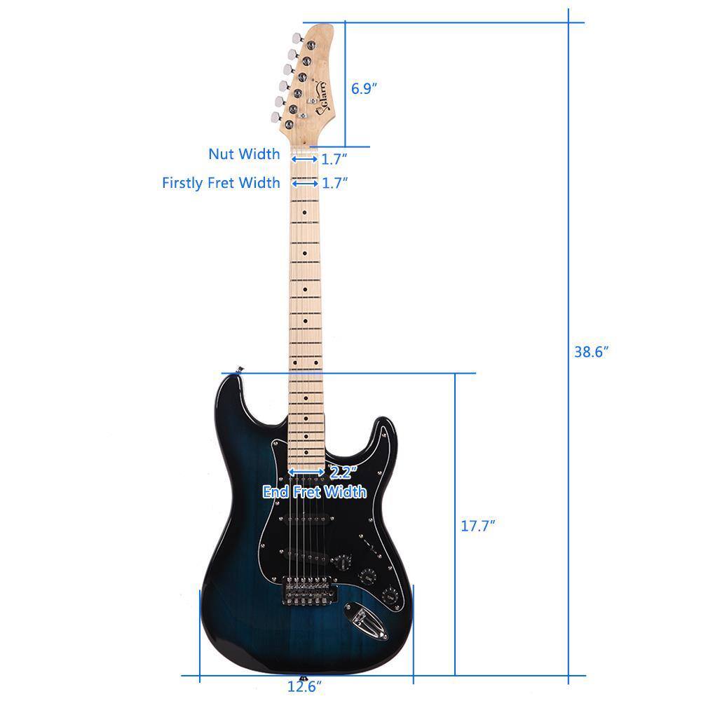 1. Nut Width: 1.7"
2. Firstly Fret Width: 1.7"
3. End Fret Width: 2.2"
4. Body Length: 38.6"
5. Body Width: 17.7"
6. Body Depth: 12.6"