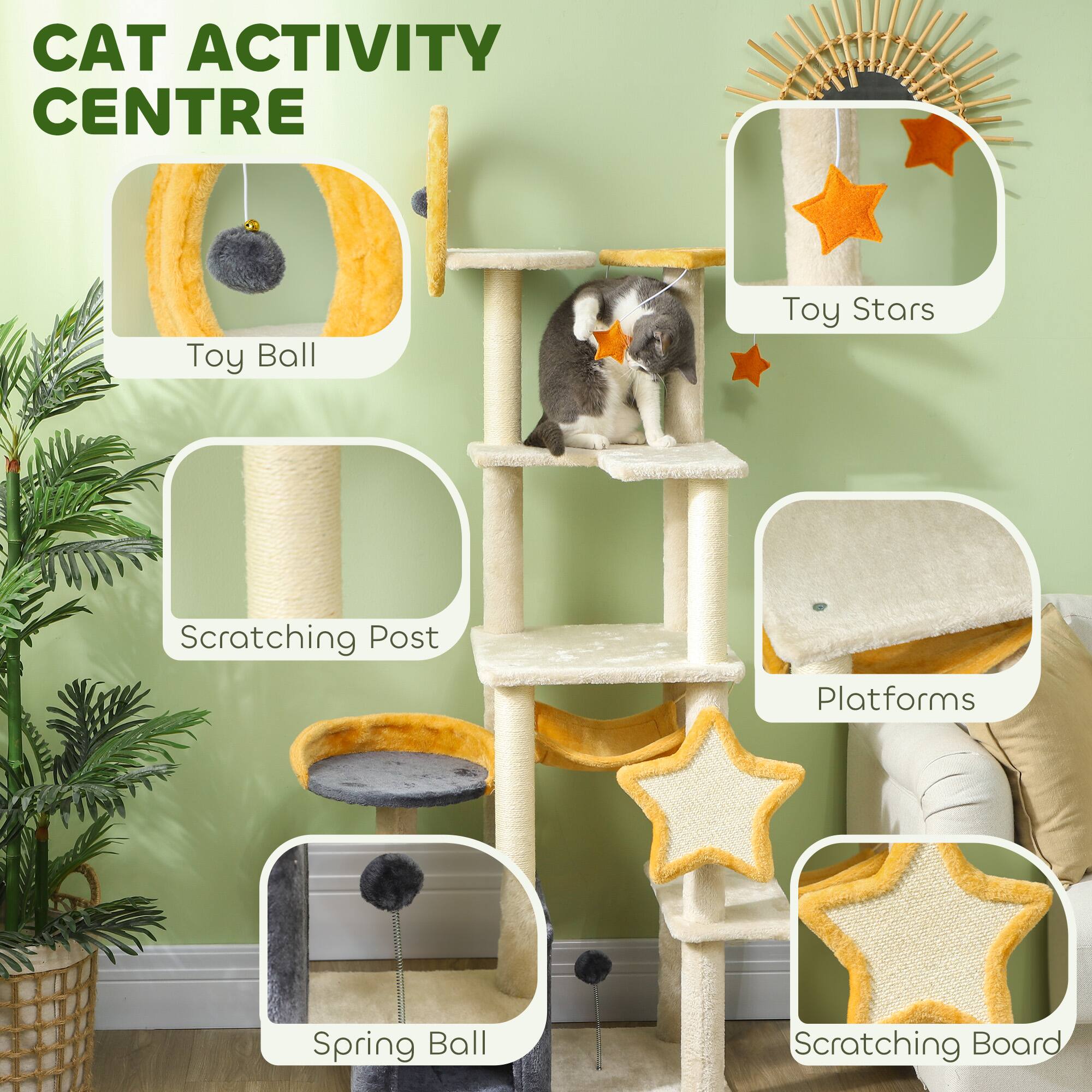 Back. Pawhut - 63" Cat Tower for Large Adult Indoor Cats, Moon and Star Themed with Scratching Post, Hammock, Condo, Bed, Board & Toys - Beige.