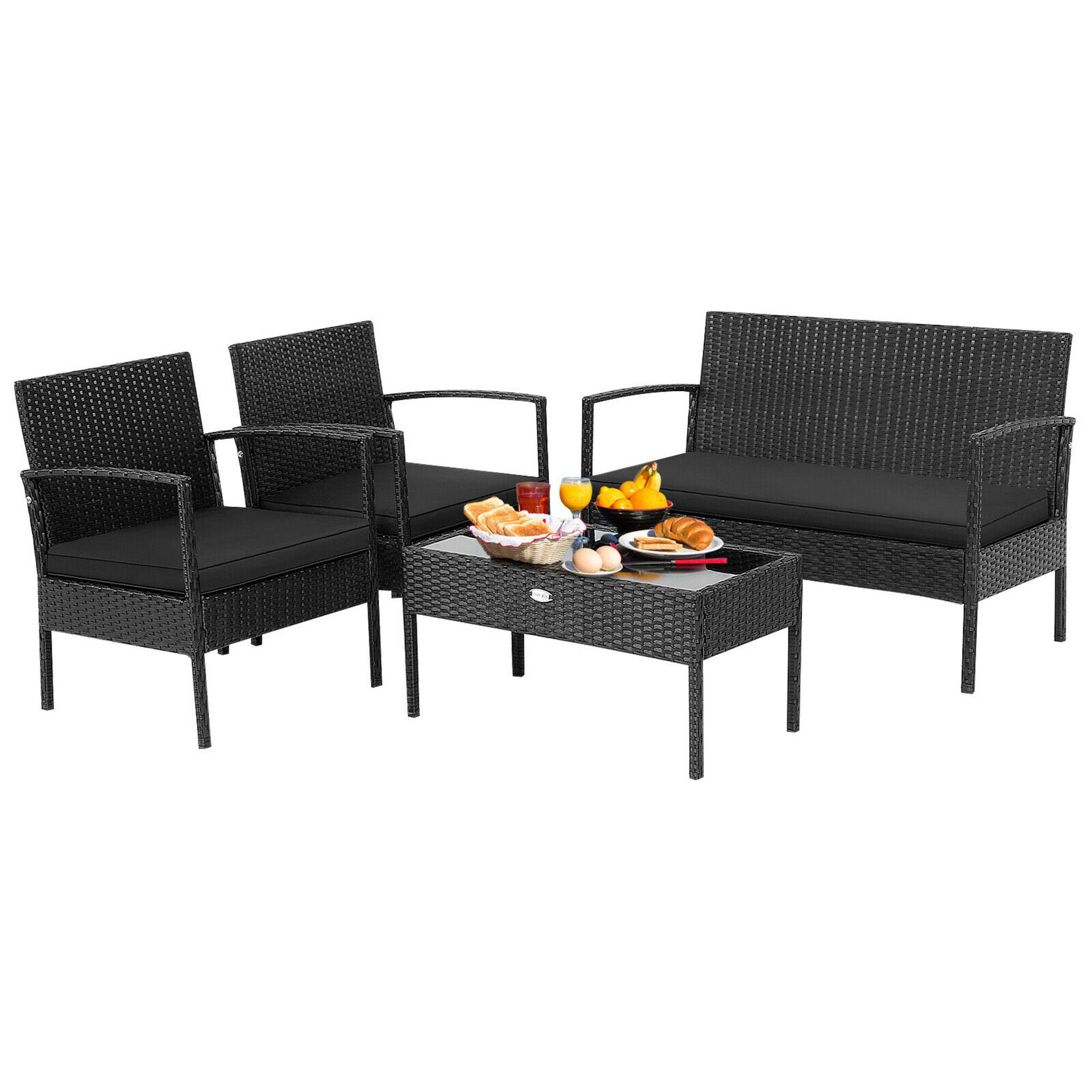 Alt View 1. Gymax - Gymax 4PCS Rattan Patio Conversation Set Outdoor Wicker Furniture Set w/ Cushions - Black.