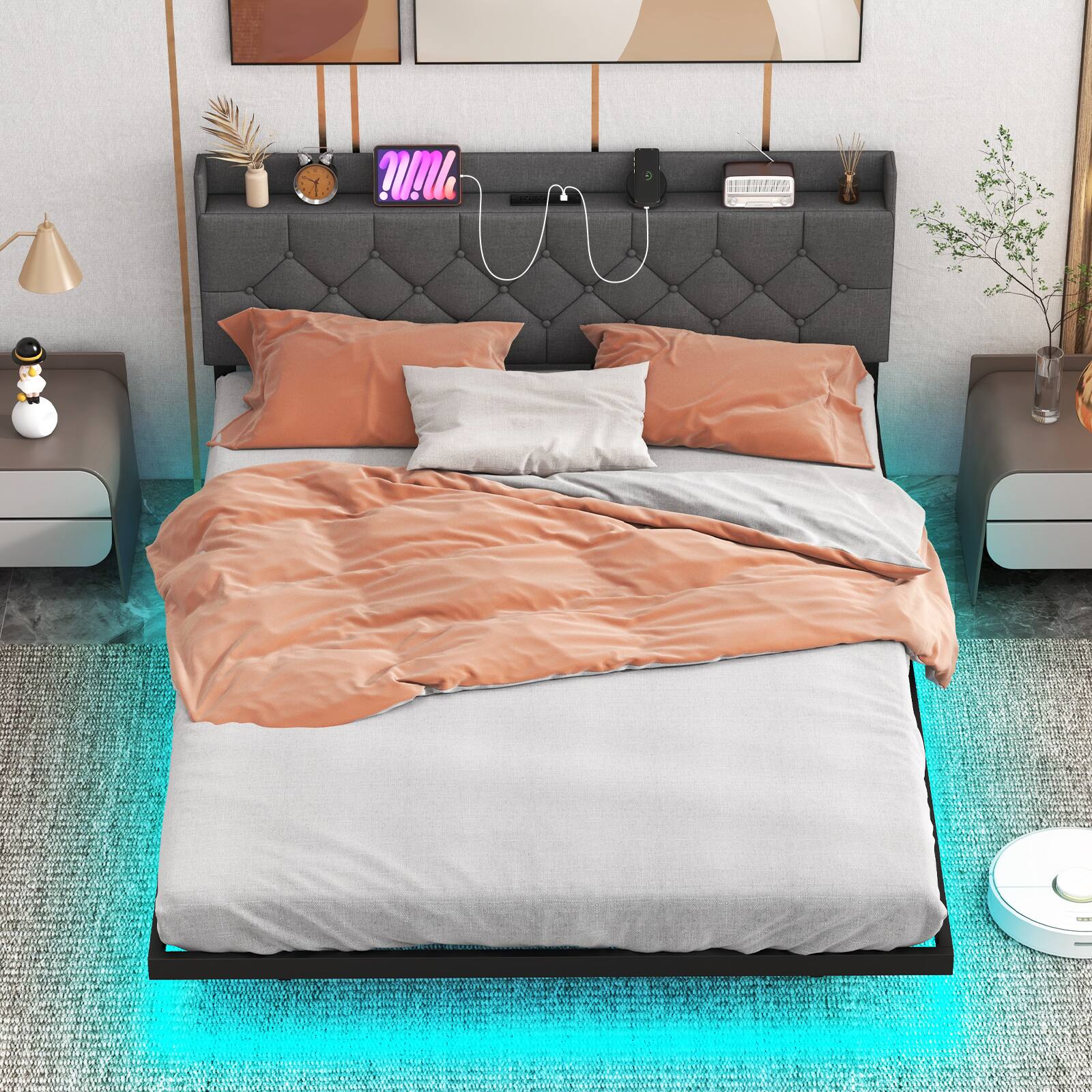 Alt View 4. LUCKY ONE - Full/Queen Assembled Floating Bed Frame with LED Lights Headboard Charging Station 8" Clearance - Gray.