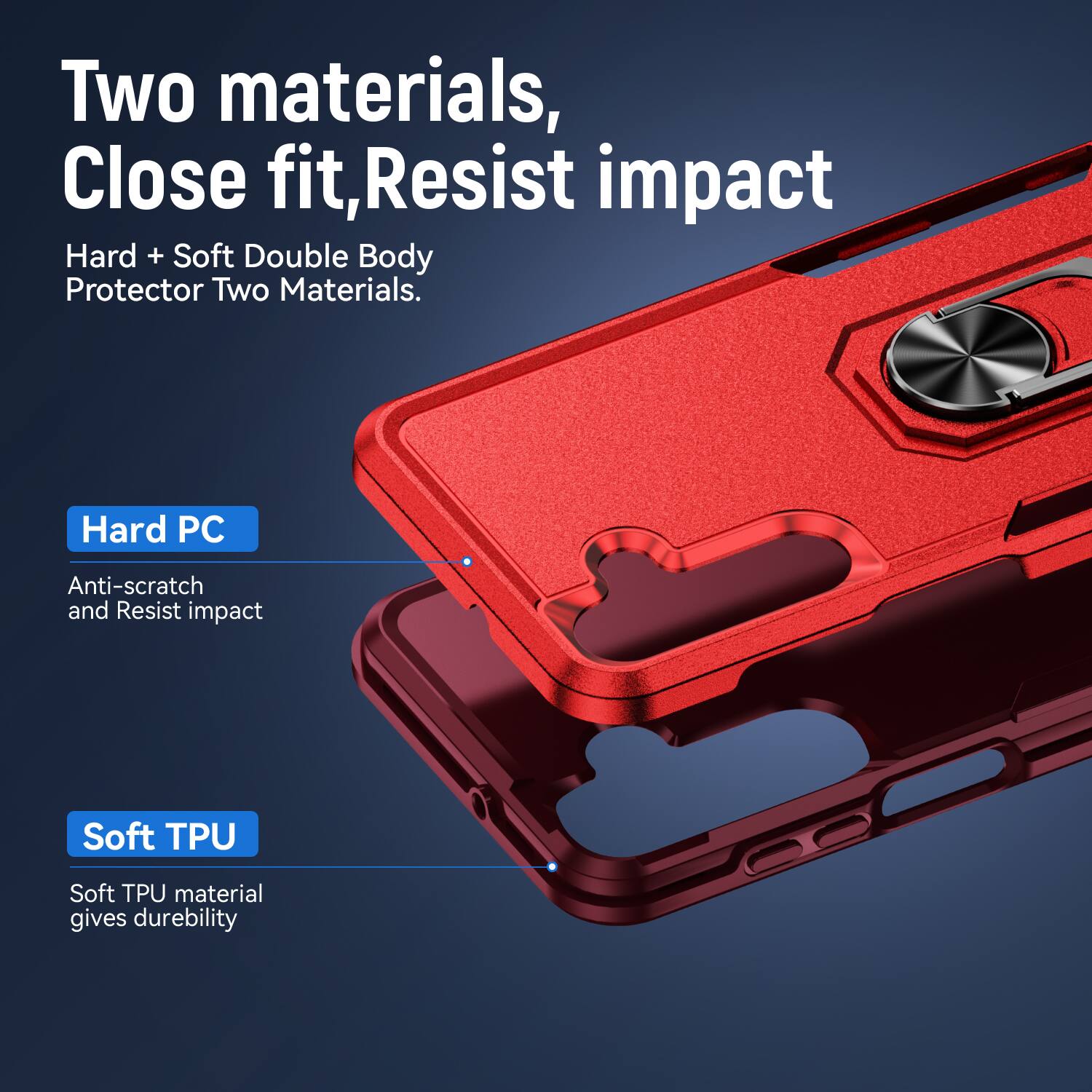 Two materials, Close fit, Resist impact  
Hard + Soft Double Body Protector Two Materials.  

Hard PC  
Anti-scratch and Resist impact  

Soft TPU  
Soft TPU material gives durability