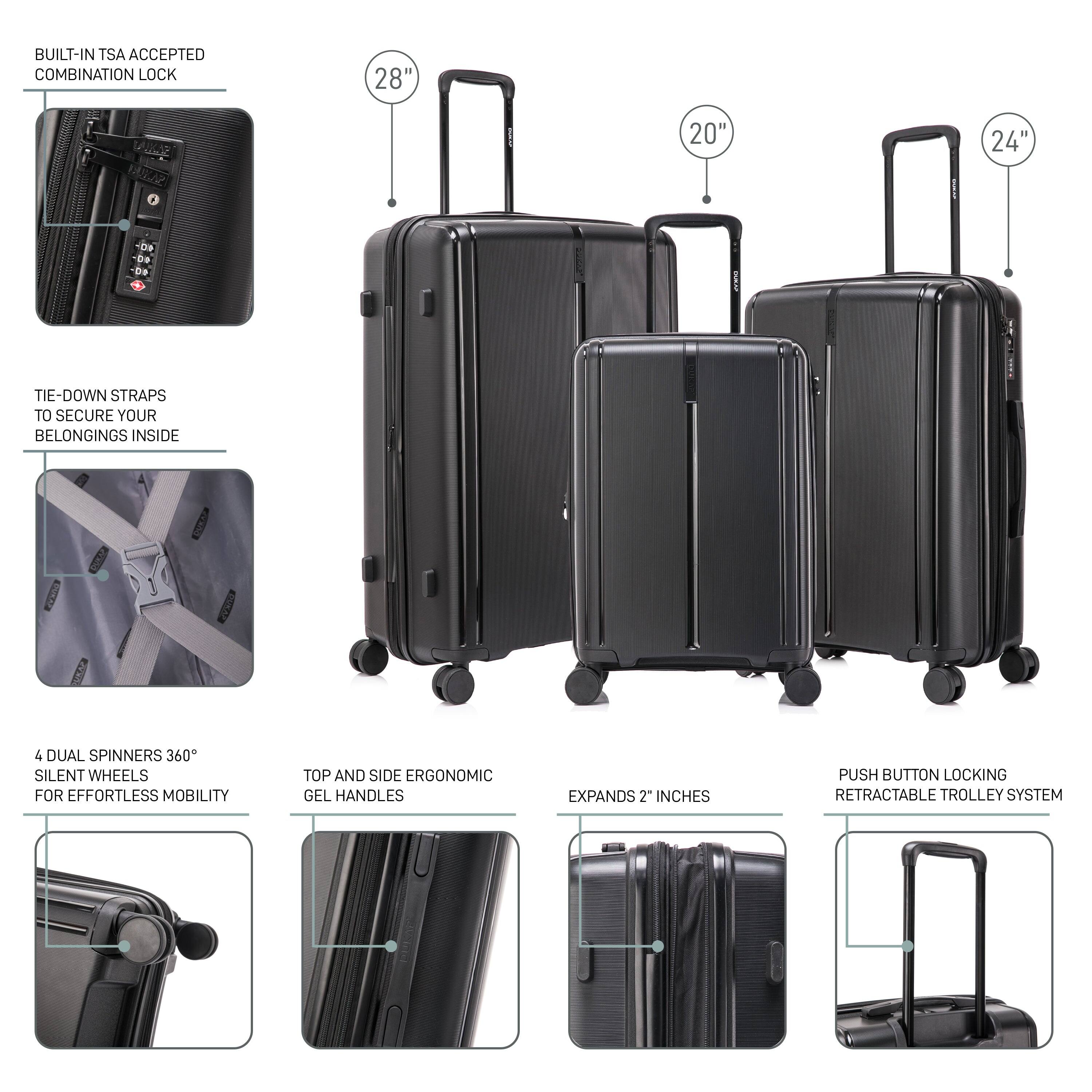 - BUILT-IN TSA ACCEPTED COMBINATION LOCK
- TIE-DOWN STRAPS TO SECURE YOUR BELONGINGS INSIDE
- 4 DUAL SPINNERS 360° SILENT WHEELS FOR EFFORTLESS MOBILITY
- TOP AND SIDE ERGONOMIC GEL HANDLES
- EXPANDS 2" INCHES
- PUSH BUTTON LOCKING RETRACTABLE TROLLEY SYSTEM
- 28"
- 20"
- 24"