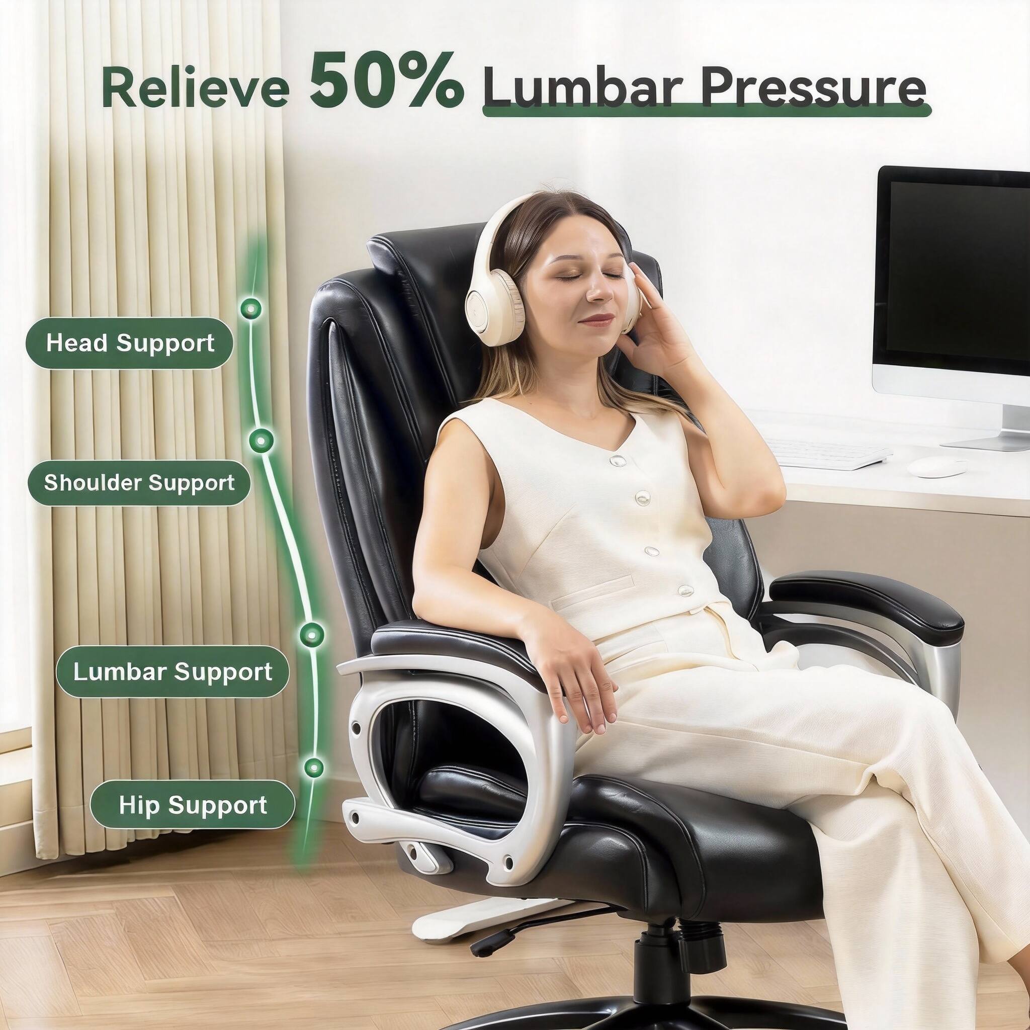 Relieve 50% Lumbar Pressure

- Head Support
- Shoulder Support
- Lumbar Support
- Hip Support