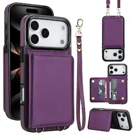 Dteck - Wallet Case for Apple iPhone 17 Pro Max,Faux Leather Flip Cover with RFID Card Holder+Strap,Shockproof Crossbody Case - Darkpurple