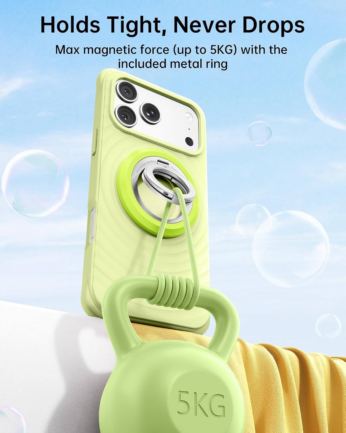 Holds Tight, Never Drops  
Max magnetic force (up to 5KG) with the included metal ring