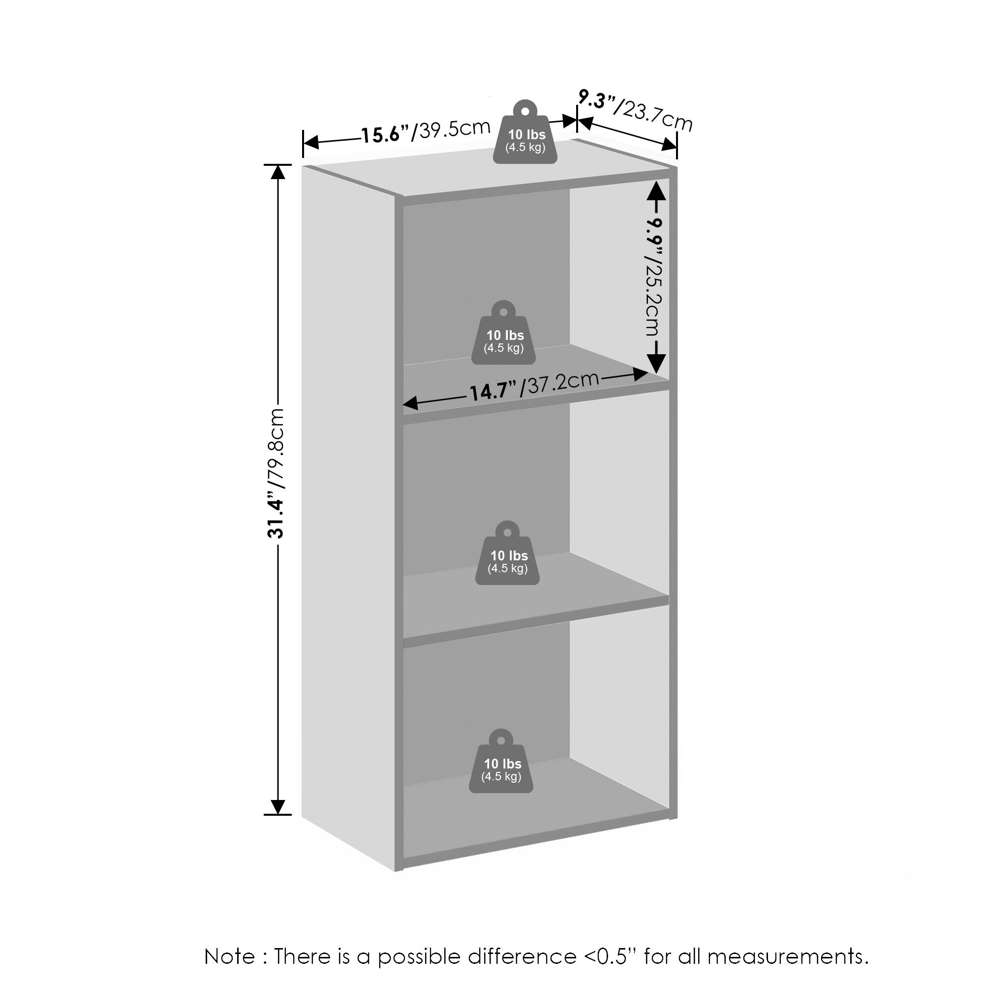 15.6" / 39.5 cm  
9.3" / 23.7 cm  
14.7" / 37.2 cm  
9.9" / 25.2 cm  
31.4" / 79.8 cm  
9" / 22.9 cm  

10 lbs (4.5 kg)  
10 lbs (4.5 kg)  
10 lbs (4.5 kg)  
10 lbs (4.5 kg)  

Note: There is a possible difference <0.5" for all measurements.