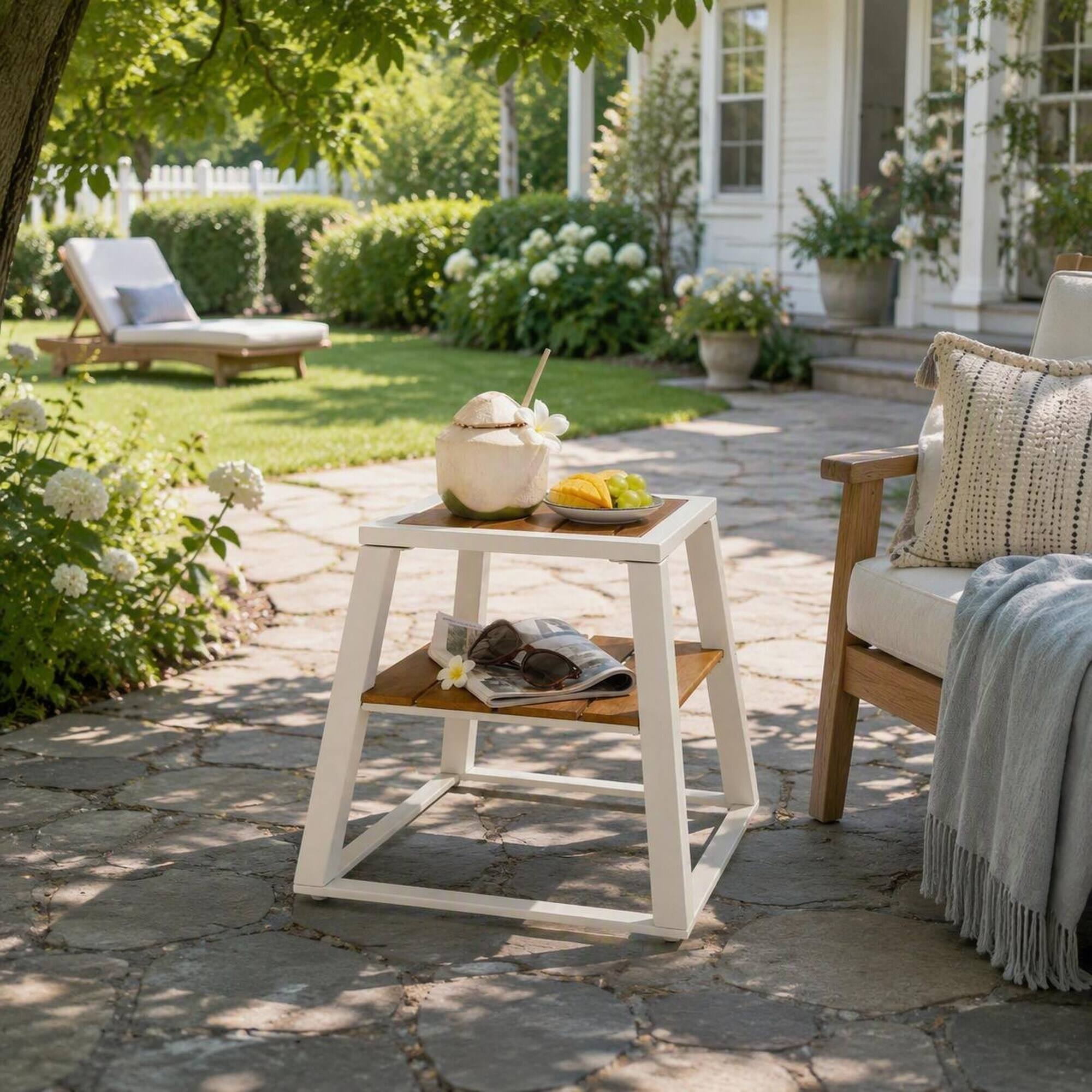 Angle. RYHNUYNE - 2-Tier Acacia Wood Outdoor Side Table With White Iron Frame, Weather-Resistant Patio End Table With Storage Shelf - White.