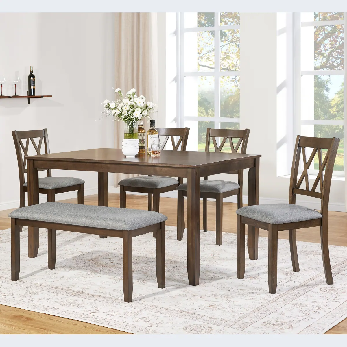 Loheer 6 Piece Dining Table Set for 6, Rectangular Wood Table with 4 ...