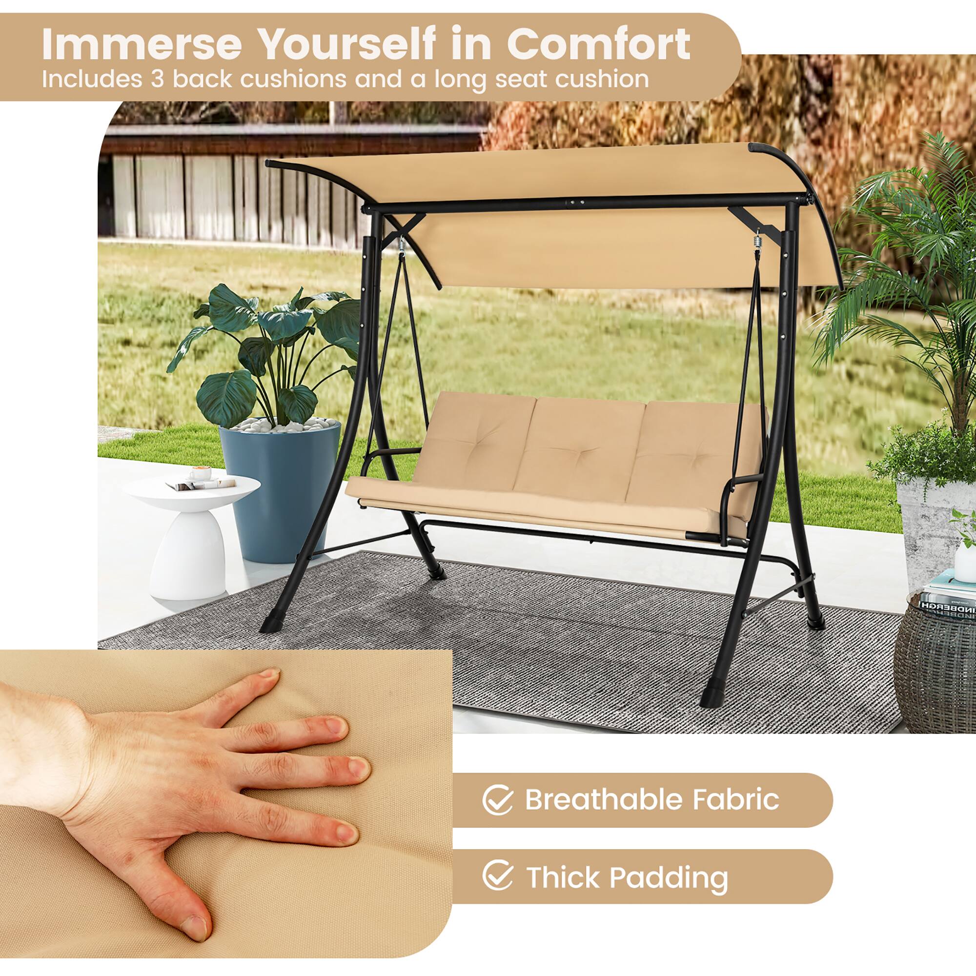 Alt View 3. Gymax - Gymax 3 Person Patio Porch Swing Outdoor Swing Chair w/ Cushions & Adjustable Canopy - Beige.