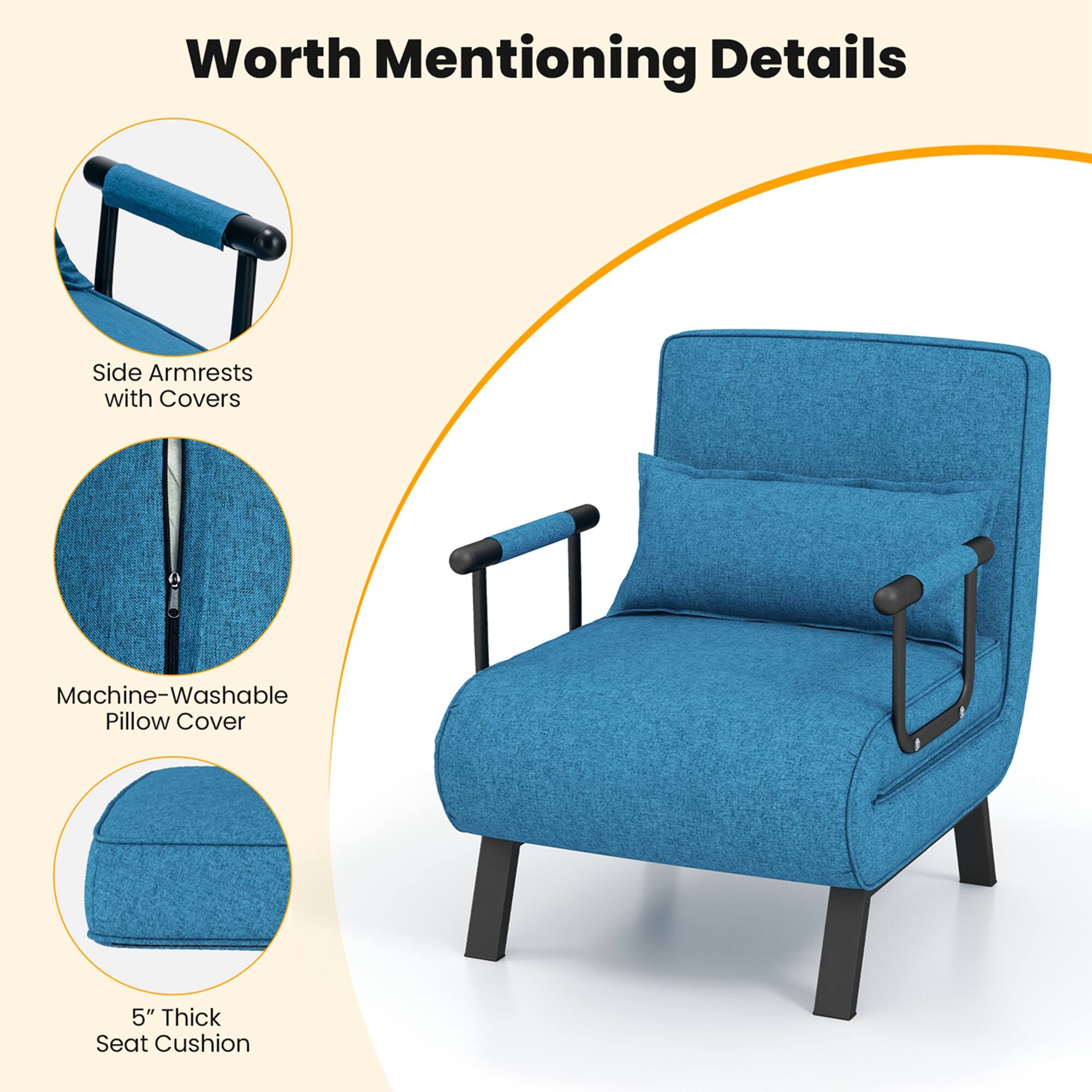 Worth Mentioning Details

- Side Armrests with Covers
- Machine-Washable Pillow Cover
- 5" Thick Seat Cushion