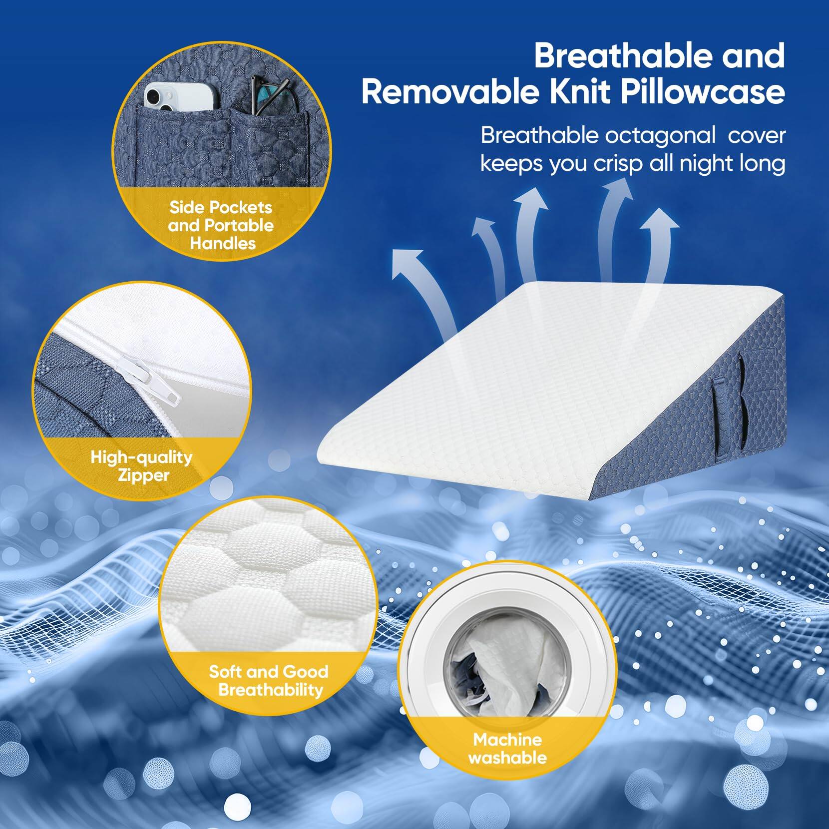 Breathable and Removable Knit Pillowcase

- Breathable octagonal cover keeps you crisp all night long
- Side Pockets and Portable Handles
- High-quality Zipper
- Soft and Good Breathability
- Machine washable