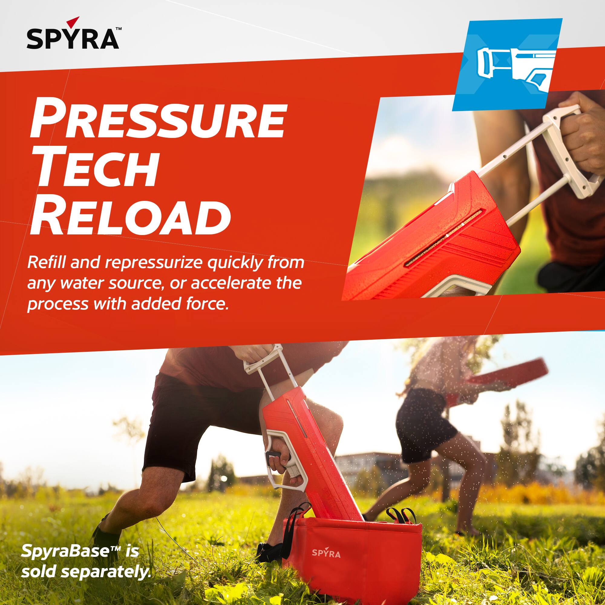 - SPYRA PRESSURE TECH RELOAD  
Refill and repressurize quickly from any water source, or accelerate the process with added force.  
SpyraBase™ is sold separately.