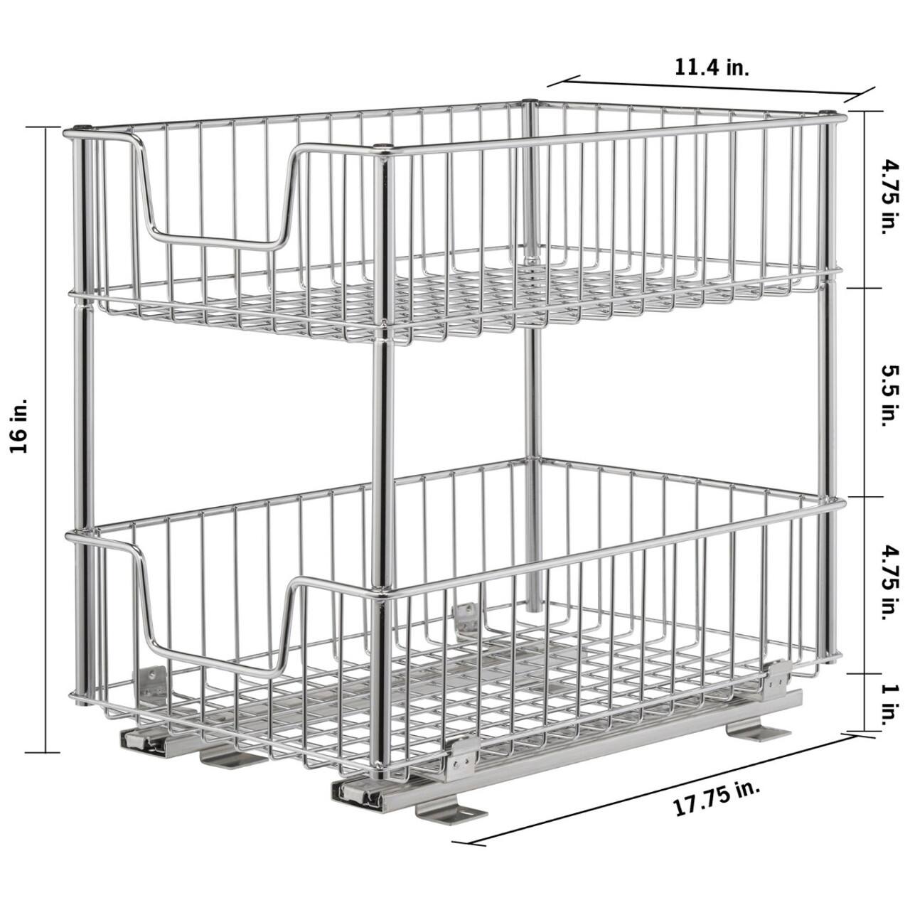 The image shows a metal shelf with three levels. The dimensions of the shelf are 11.4 inches in height, 4.75 inches in width, and 16.5 inches in depth. The shelf is made of metal and has a wire design.