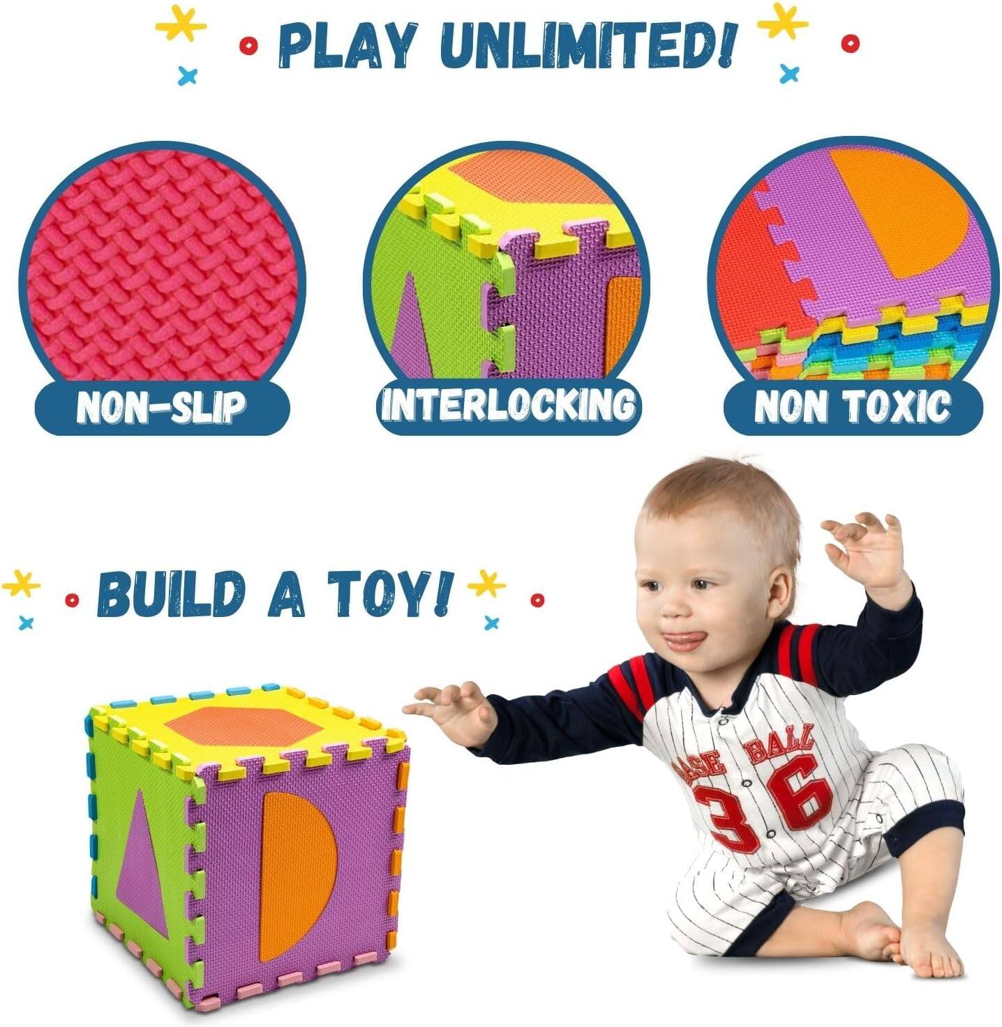 * PLAY UNLIMITED! NON-SLIP INTERLOCKING NON TOXIC
* BUILD A TOY! USE BALL 3 6