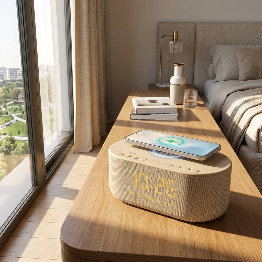 Alt View 3. Dazzed Corner - Alarm Clock Radio with Wireless Charging, Bluetooth Speaker, FM Radio & Dimmer - Putty.