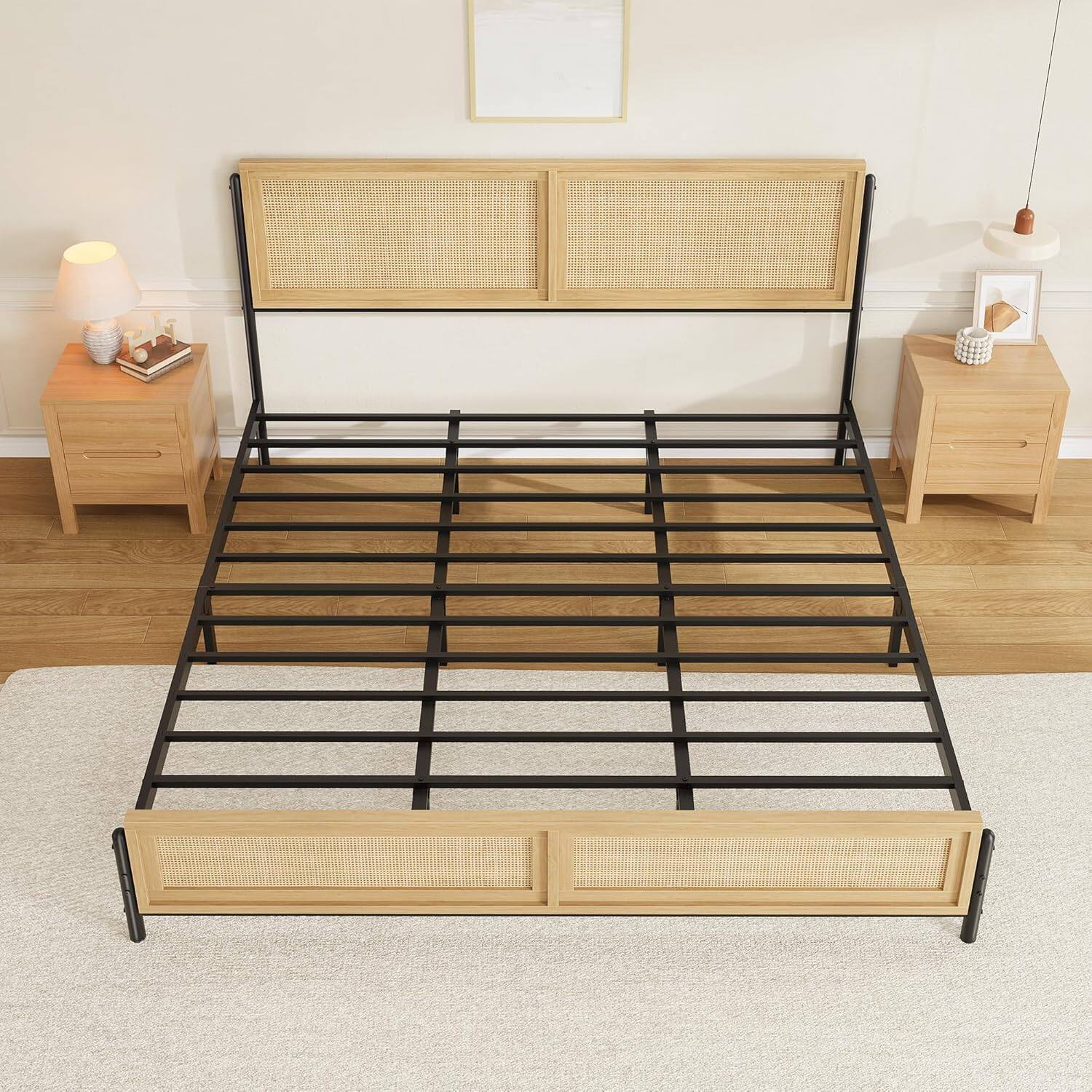 Alt View 2. Jojoka - Boho King Bed Frame with Natural Rattan Headboard, Wood Platform, No Box Spring, 14” Height, Easy Assembly - Oak.